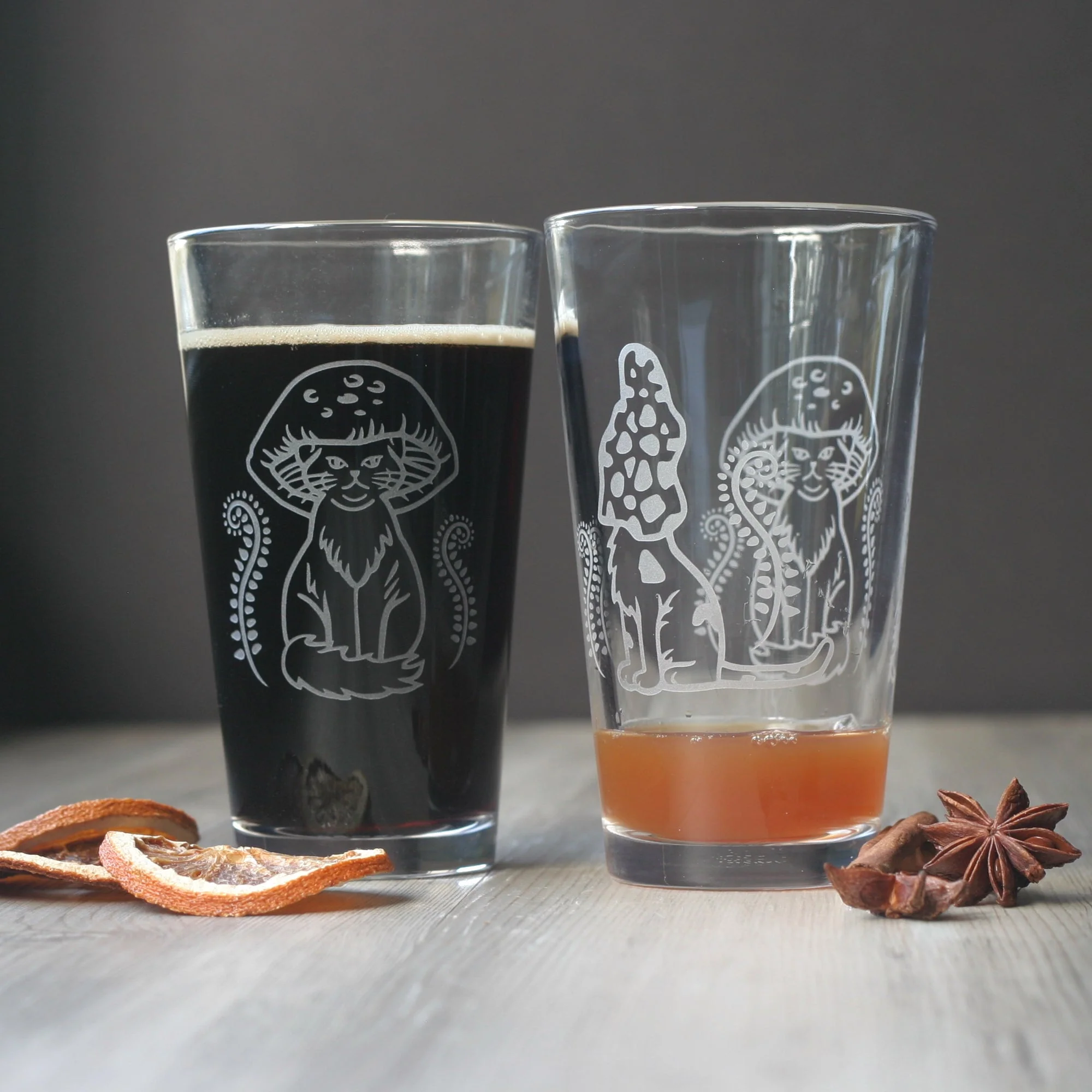 Cat Mushrooms Pint Glass - etched kitchen glassware - Image 2