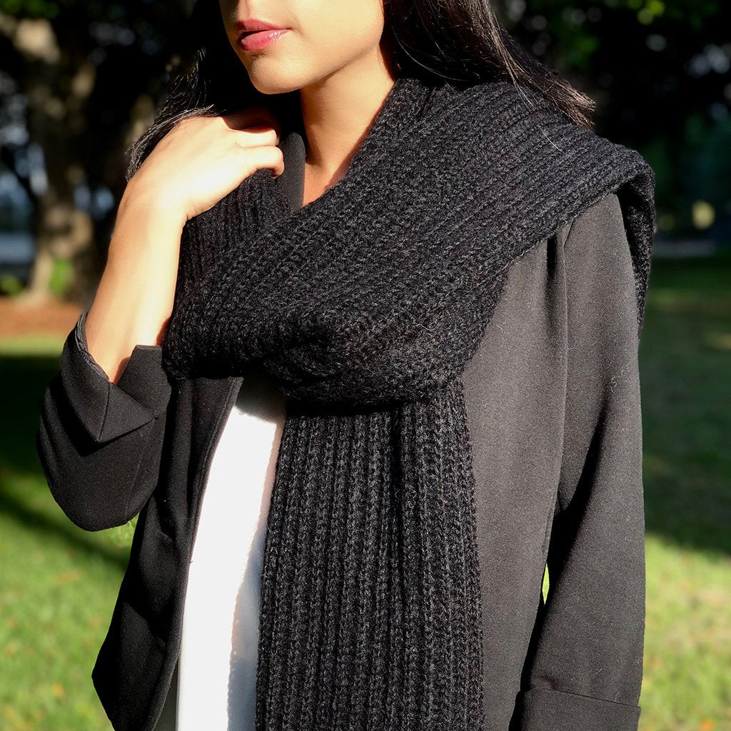 Chunky Black Knit Alpaca Scarf - Image 2