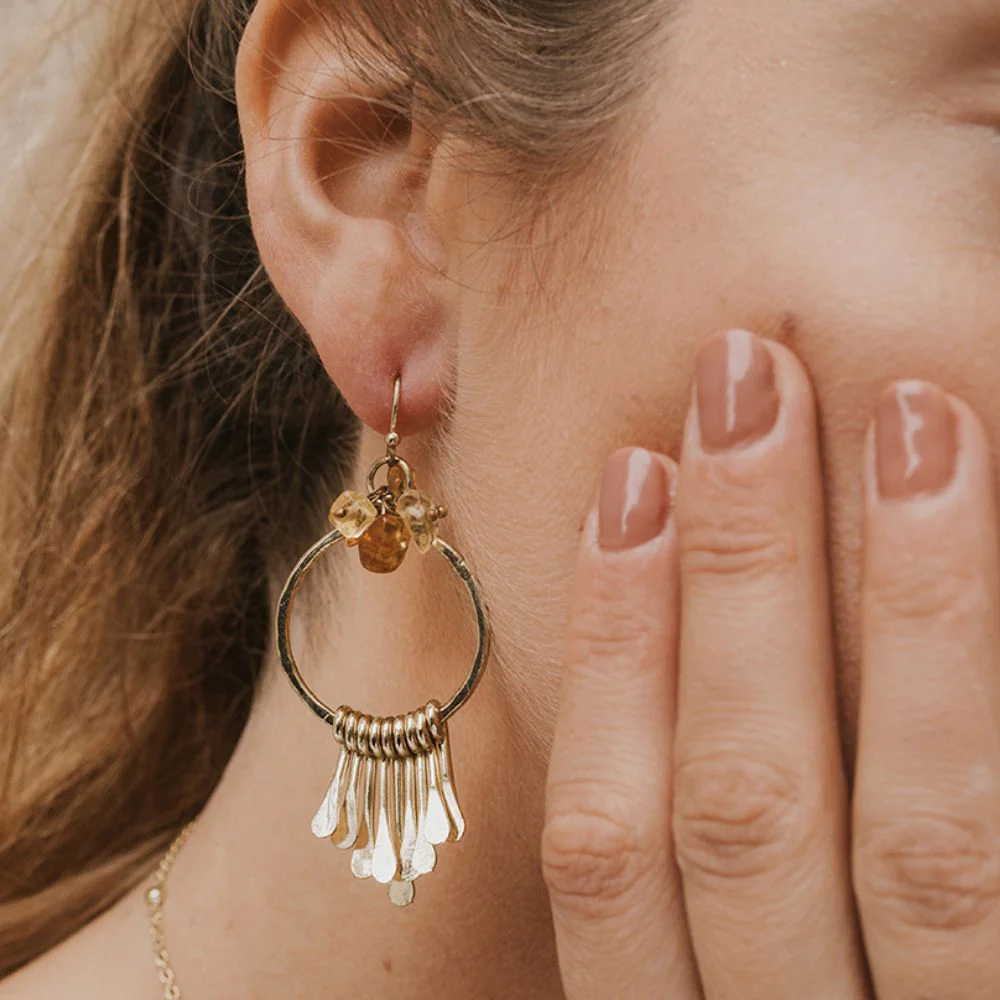 Citrine and Sunstone Brass Fringe Dangle Earrings - Image 2