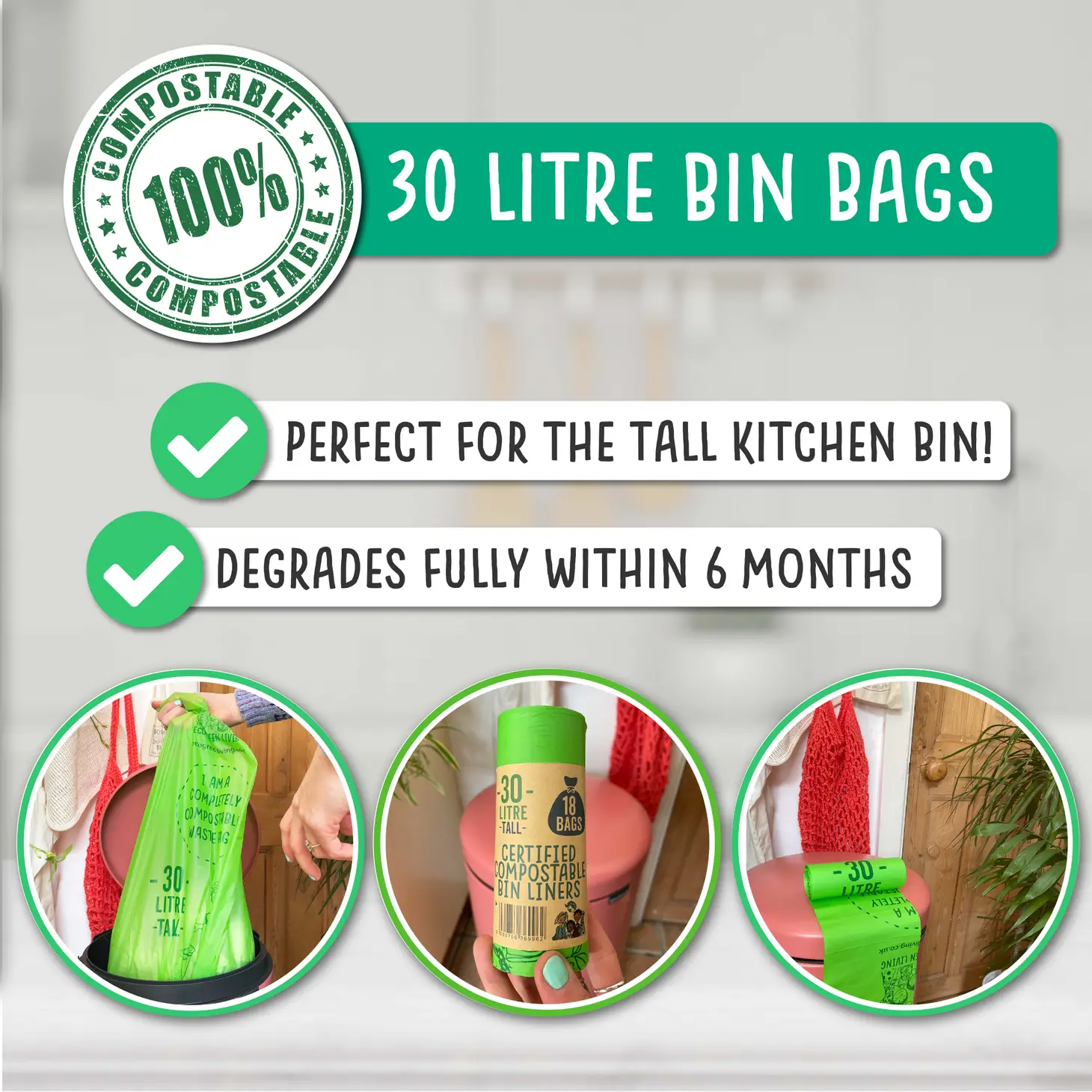 Compostable Bin Liners (8 gallon) | 1 roll of 18 bags - Image 5