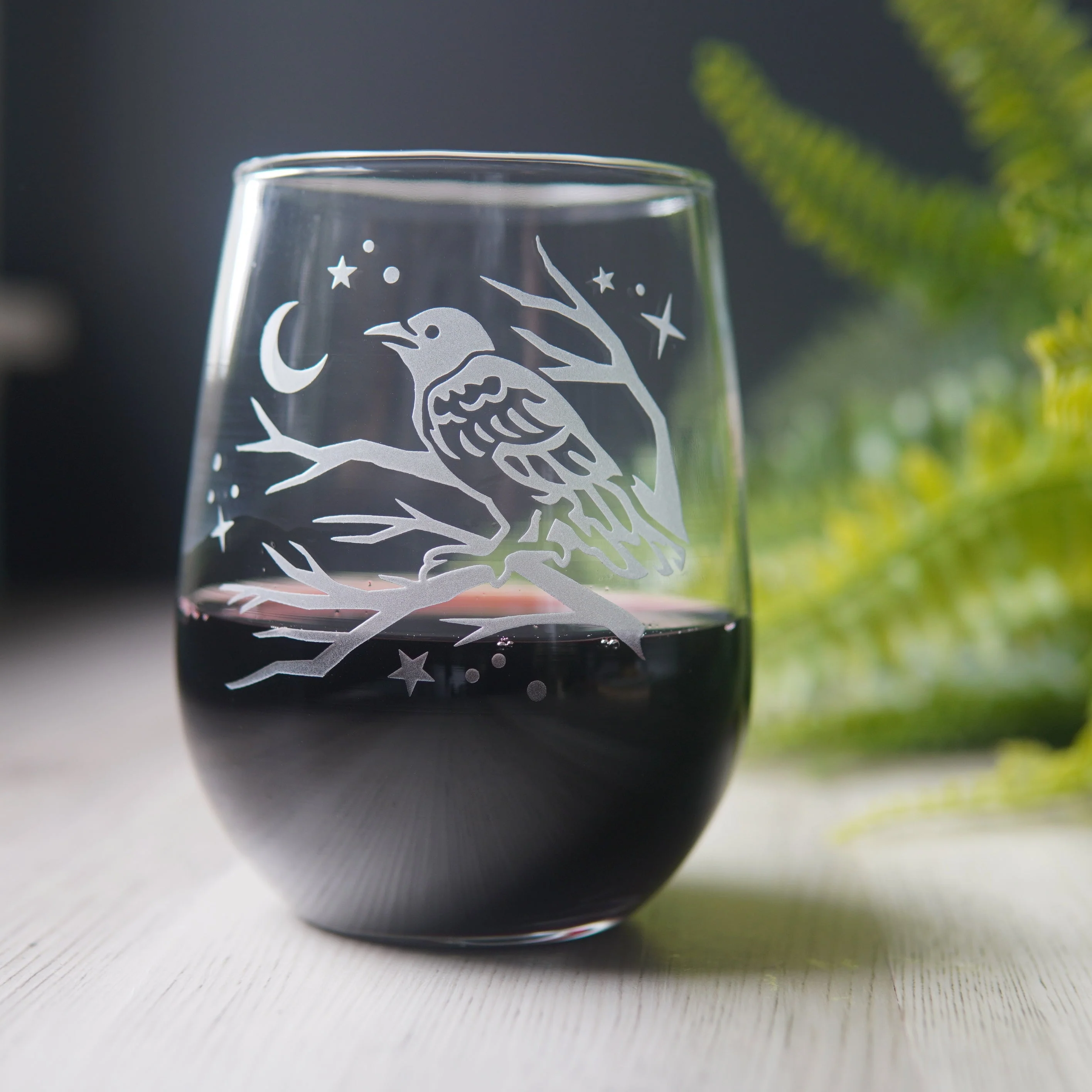 Crow Stemless Wine Glass - etched glassware - Image 2