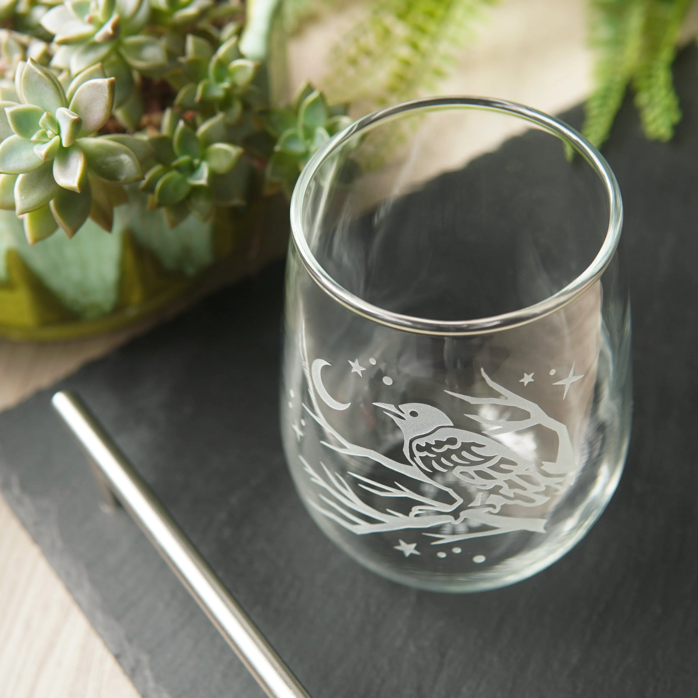 Crow Stemless Wine Glass - etched glassware - Image 5