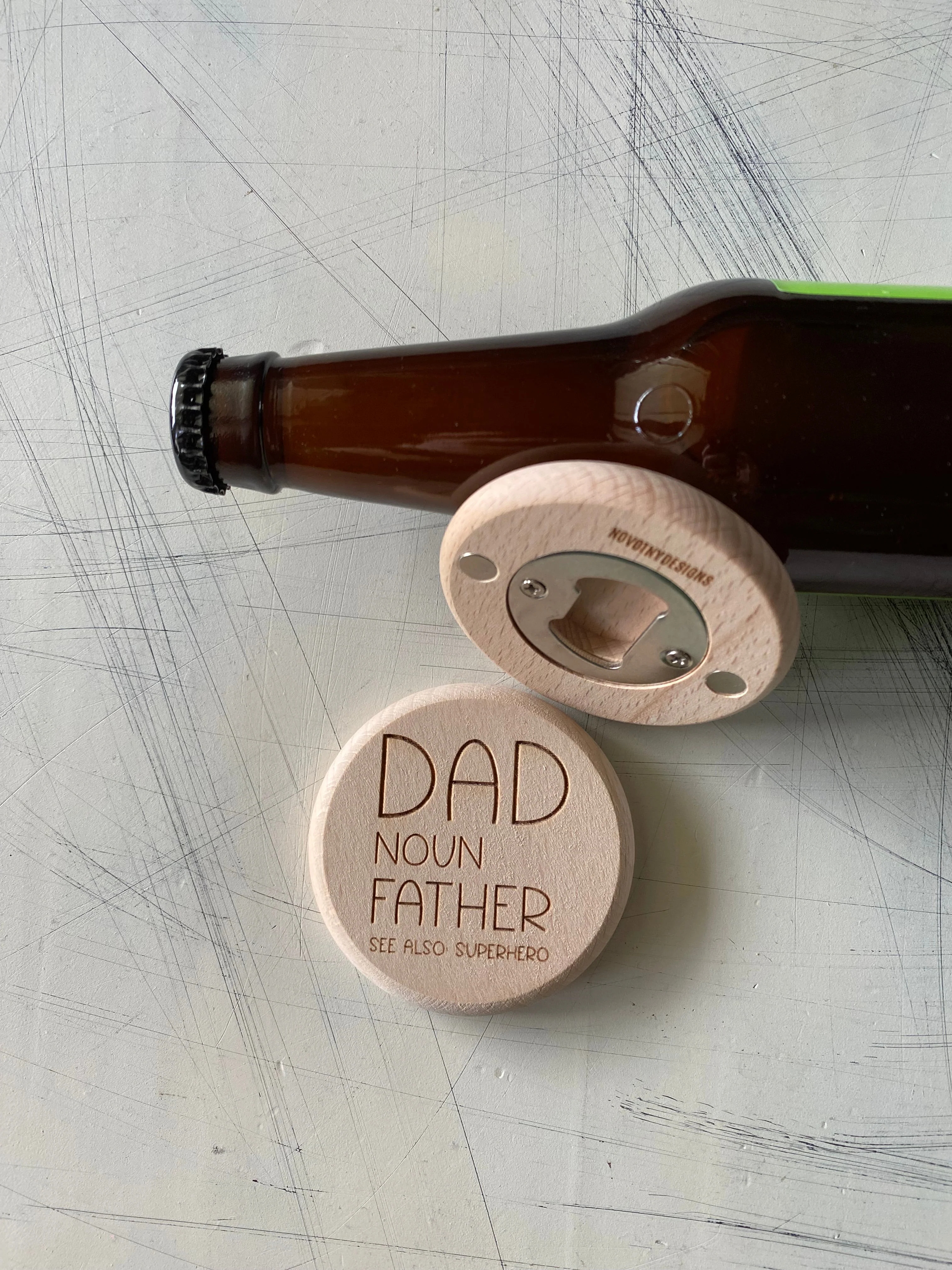 Dad. Noun. Father. See also: superhero - magnetic wood bottle opener - Image 3