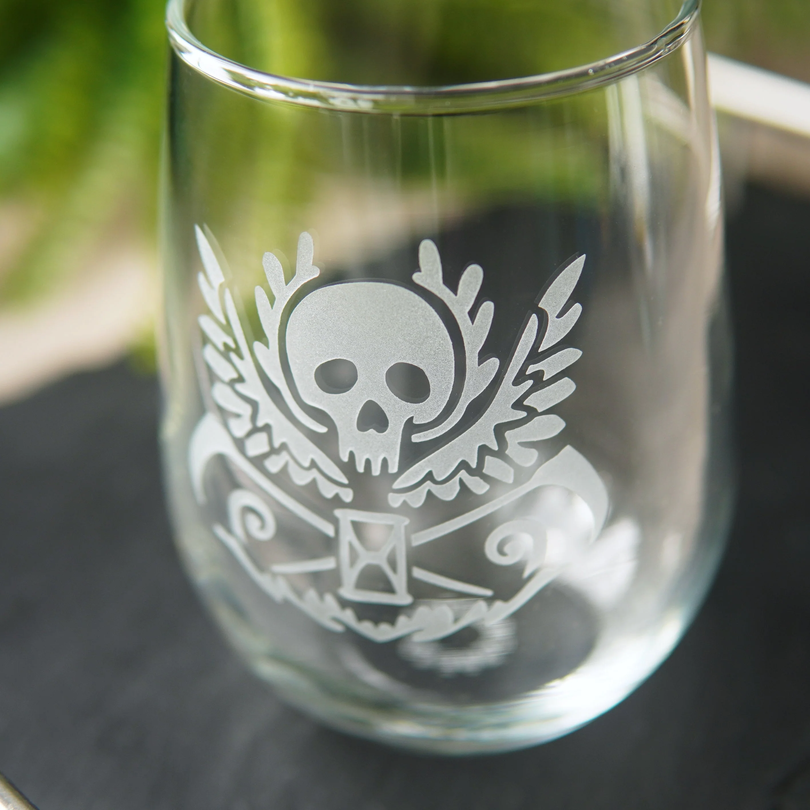 Death Skull Stemless Wine Glass - etched glassware - Image 2