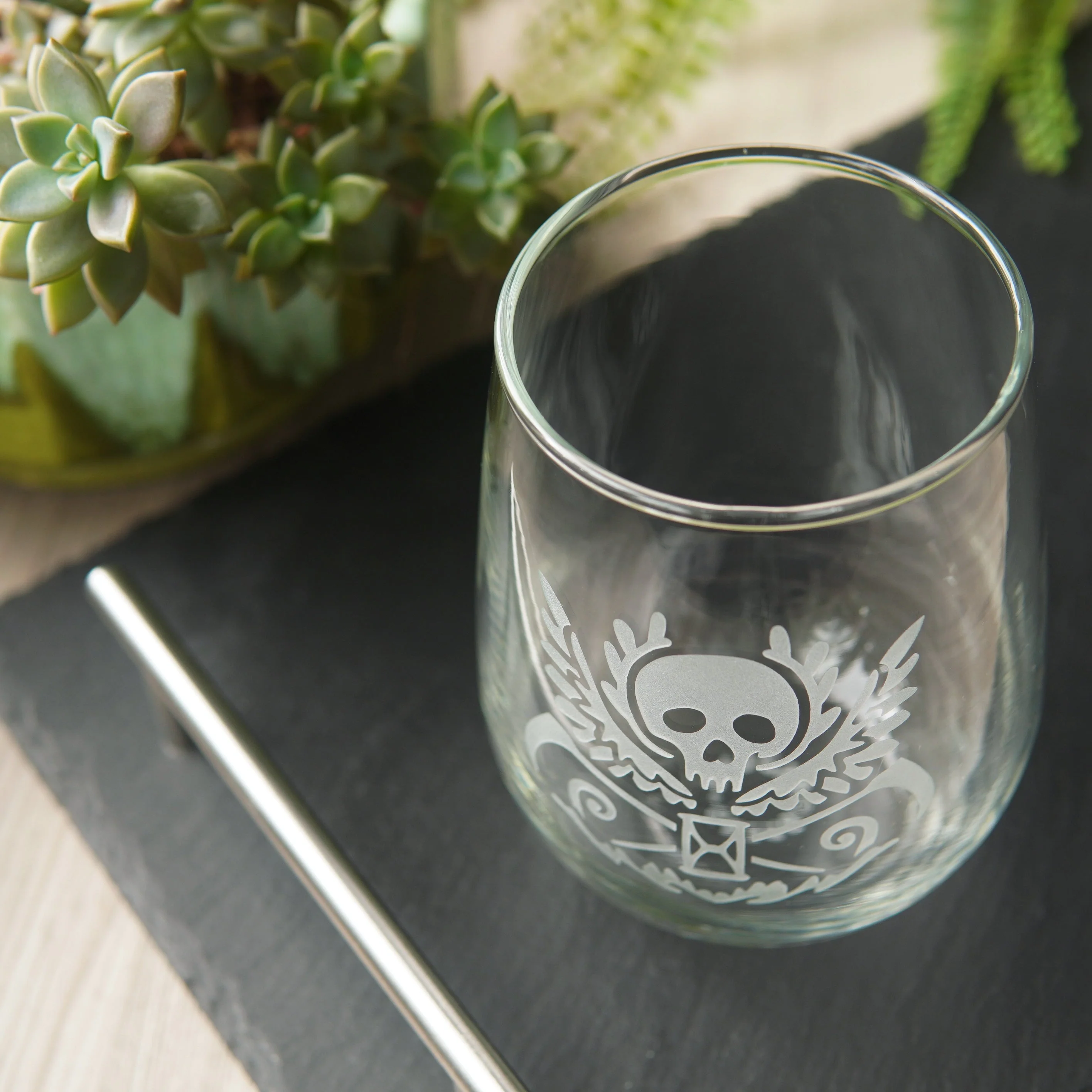 Death Skull Stemless Wine Glass - etched glassware - Image 3