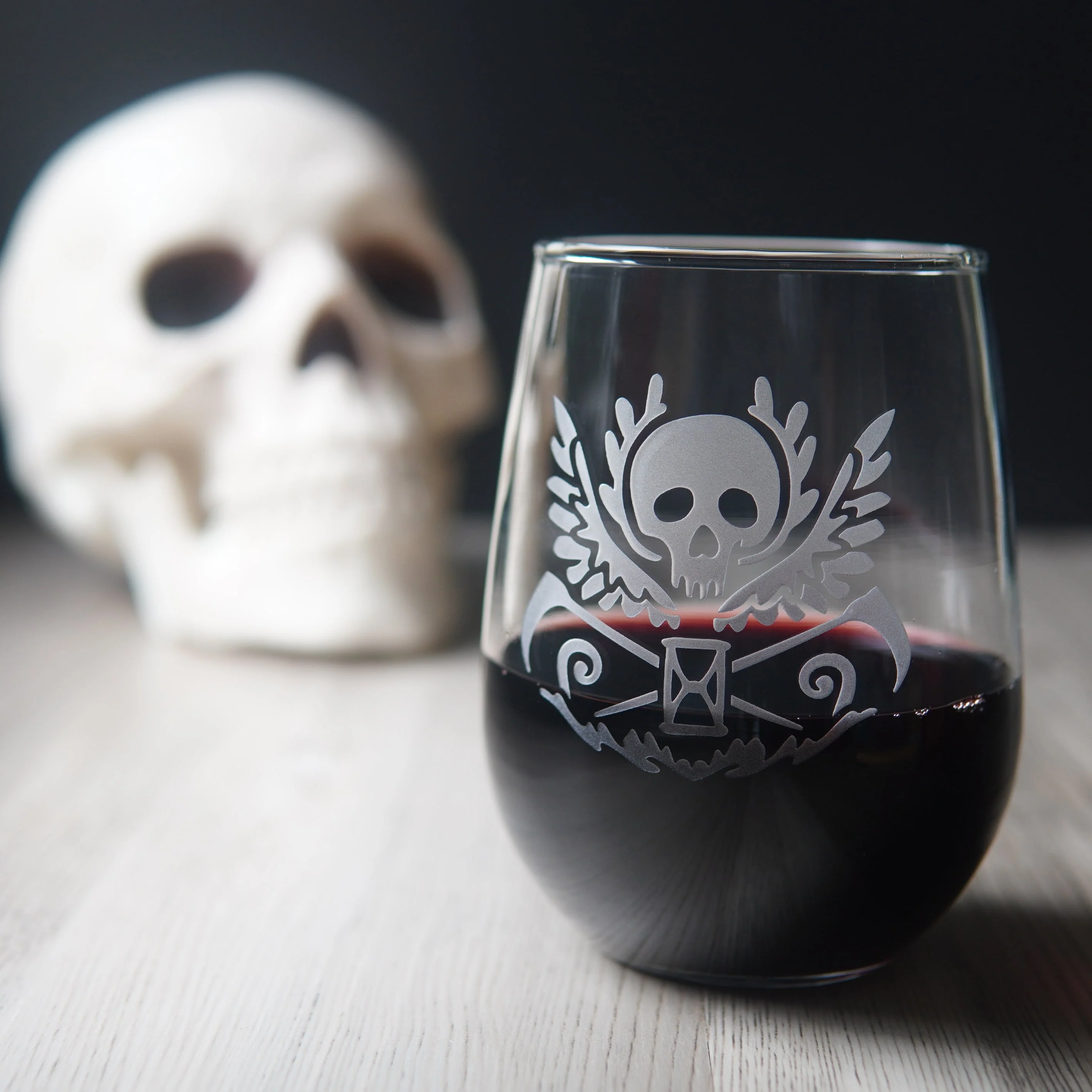Death Skull Stemless Wine Glass - etched glassware - Image 5