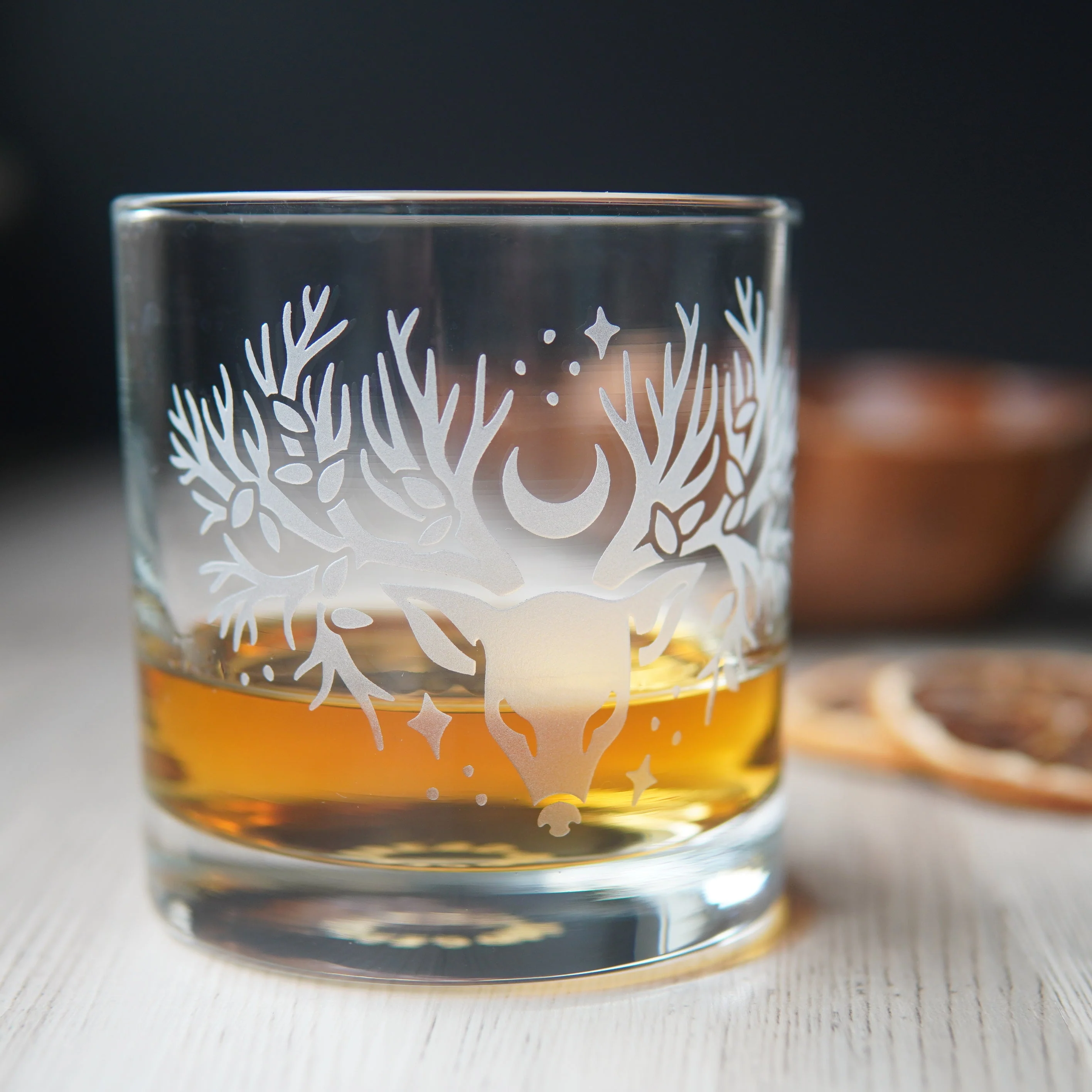 Deer Tree Lowball Glass - etched cocktail glassware - Image 4