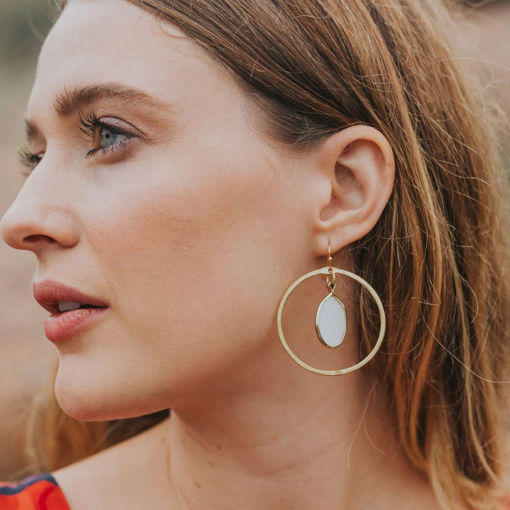 Dhavala Gold Hoop Dangle Earrings - White - Image 2