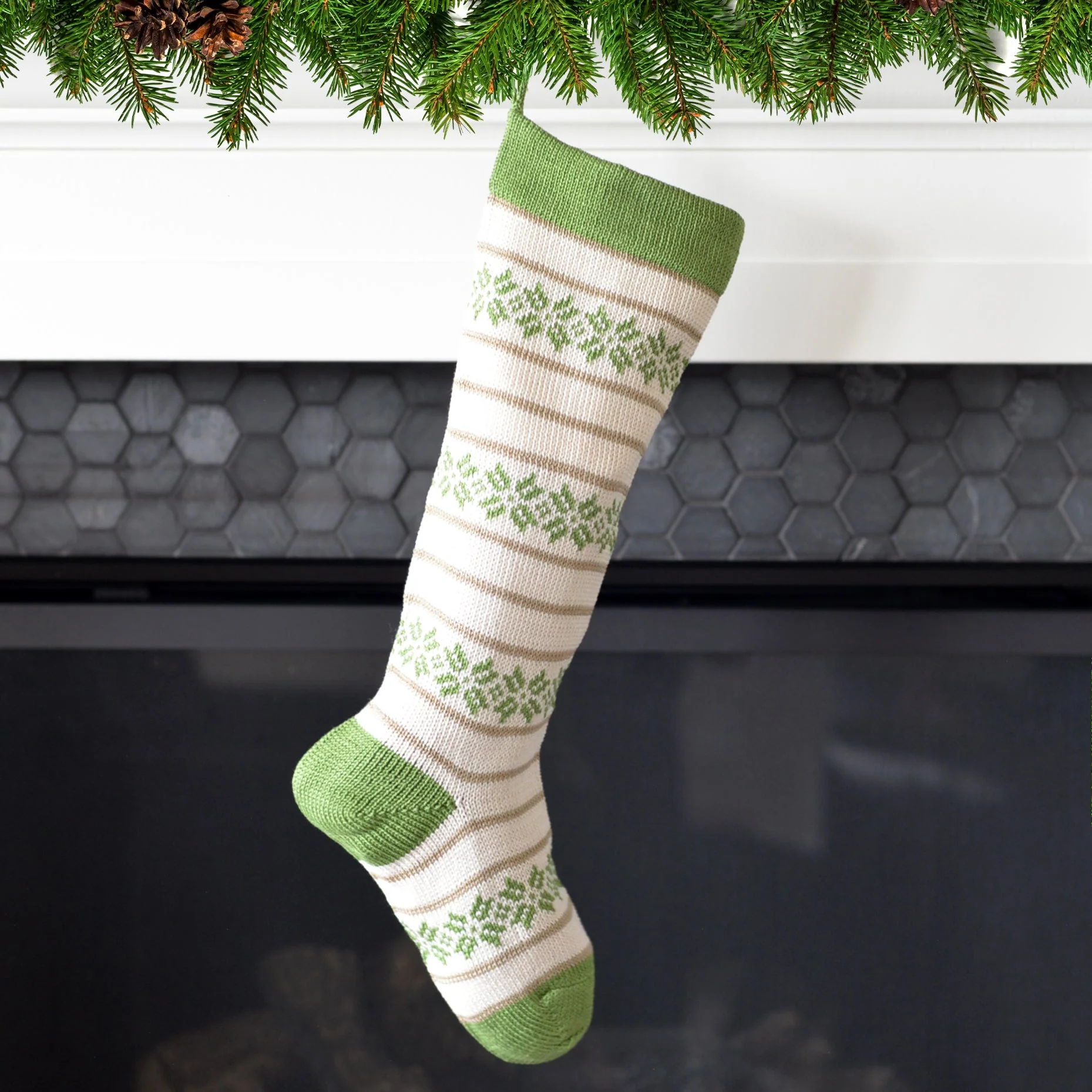 Ecru Patterned Stocking with Green - Image 3