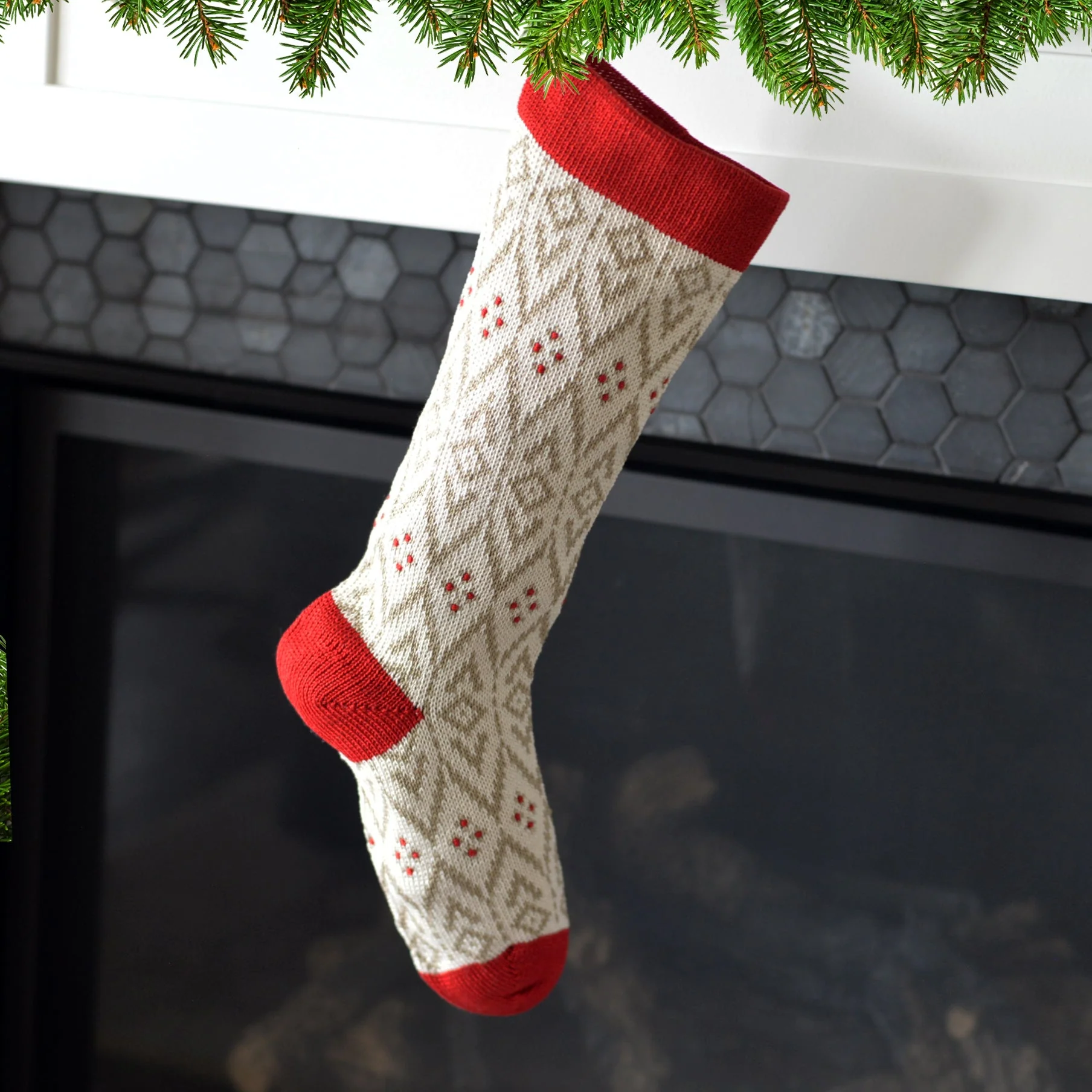 Ecru Patterned Stocking with Red Details - Image 2