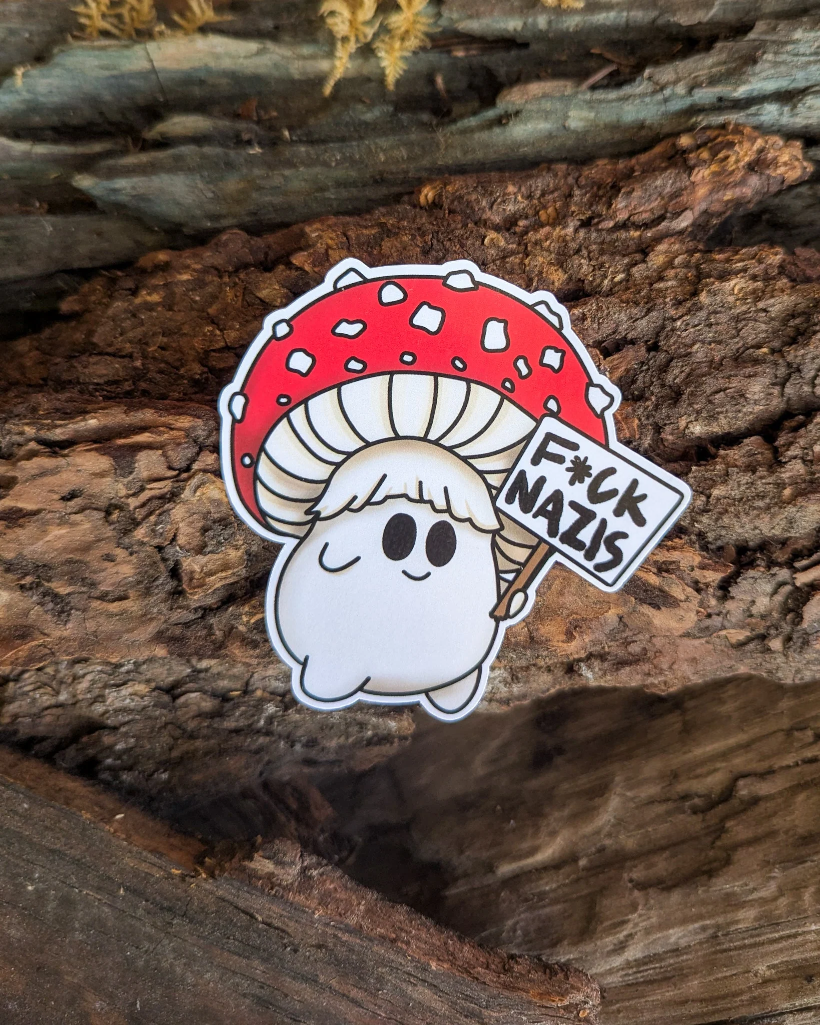 "F*ck Nazis" Mushroom Sticker Trio (censored) | Chanterelle, Amanita and Porcini Mushrooms Holding Picket Signs - Image 2