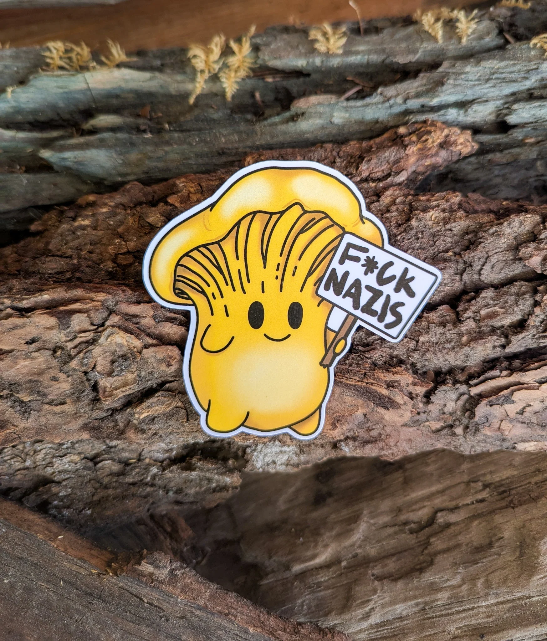 "F*ck Nazis" Mushroom Sticker Trio (censored) | Chanterelle, Amanita and Porcini Mushrooms Holding Picket Signs - Image 3