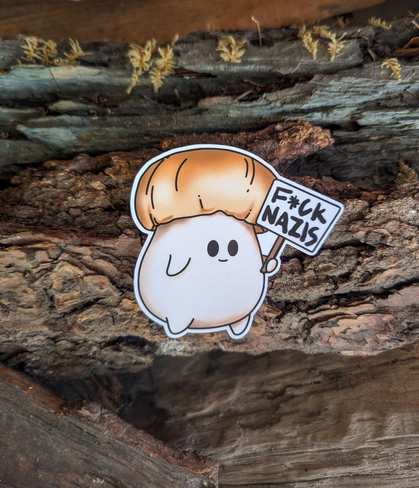 "F*ck Nazis" Mushroom Sticker Trio (censored) | Chanterelle, Amanita and Porcini Mushrooms Holding Picket Signs - Image 4