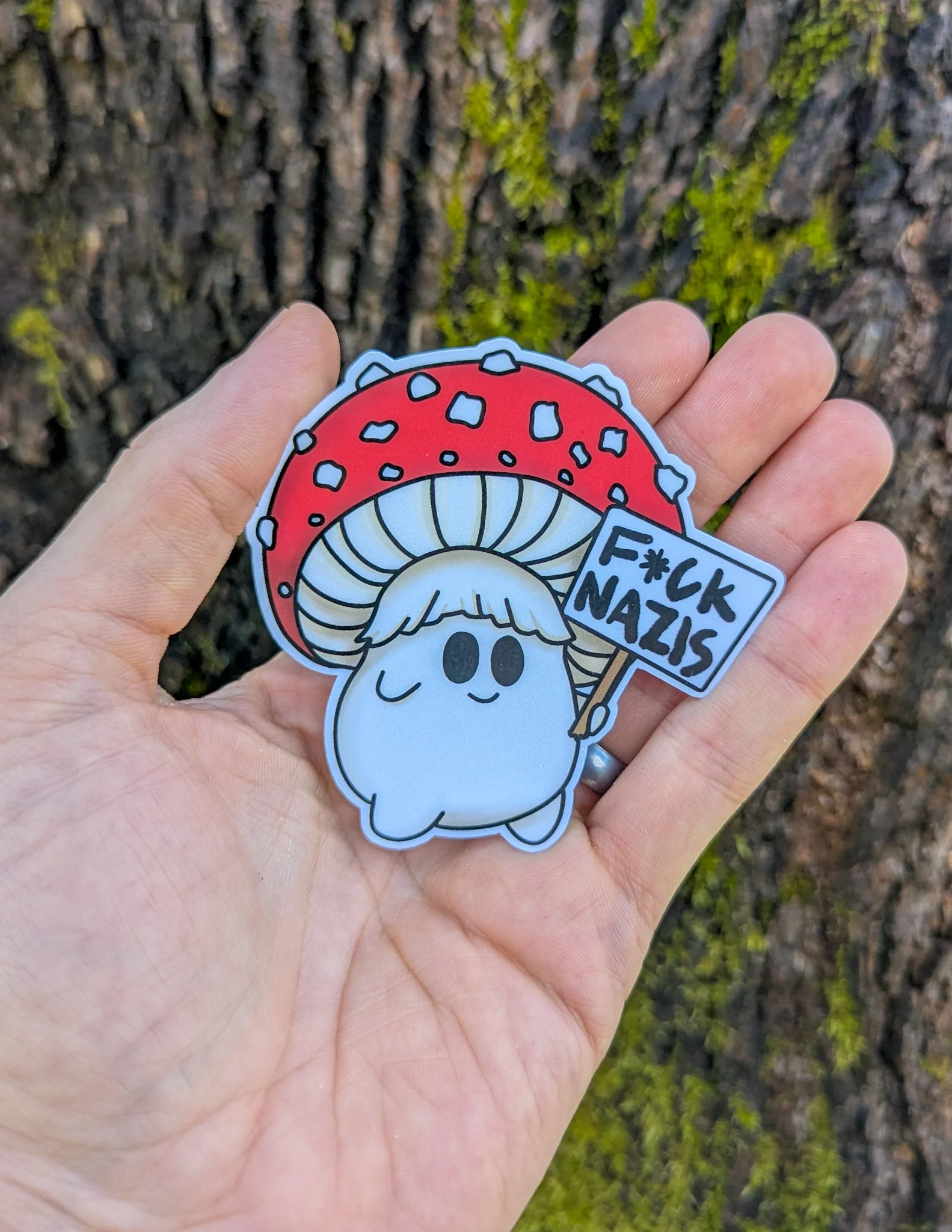 "F*ck Nazis" Mushroom Sticker Trio (censored) | Chanterelle, Amanita and Porcini Mushrooms Holding Picket Signs - Image 5