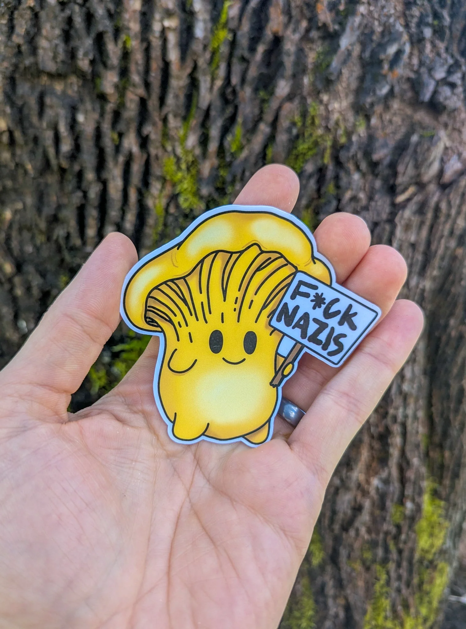 "F*ck Nazis" Mushroom Sticker Trio (censored) | Chanterelle, Amanita and Porcini Mushrooms Holding Picket Signs - Image 6