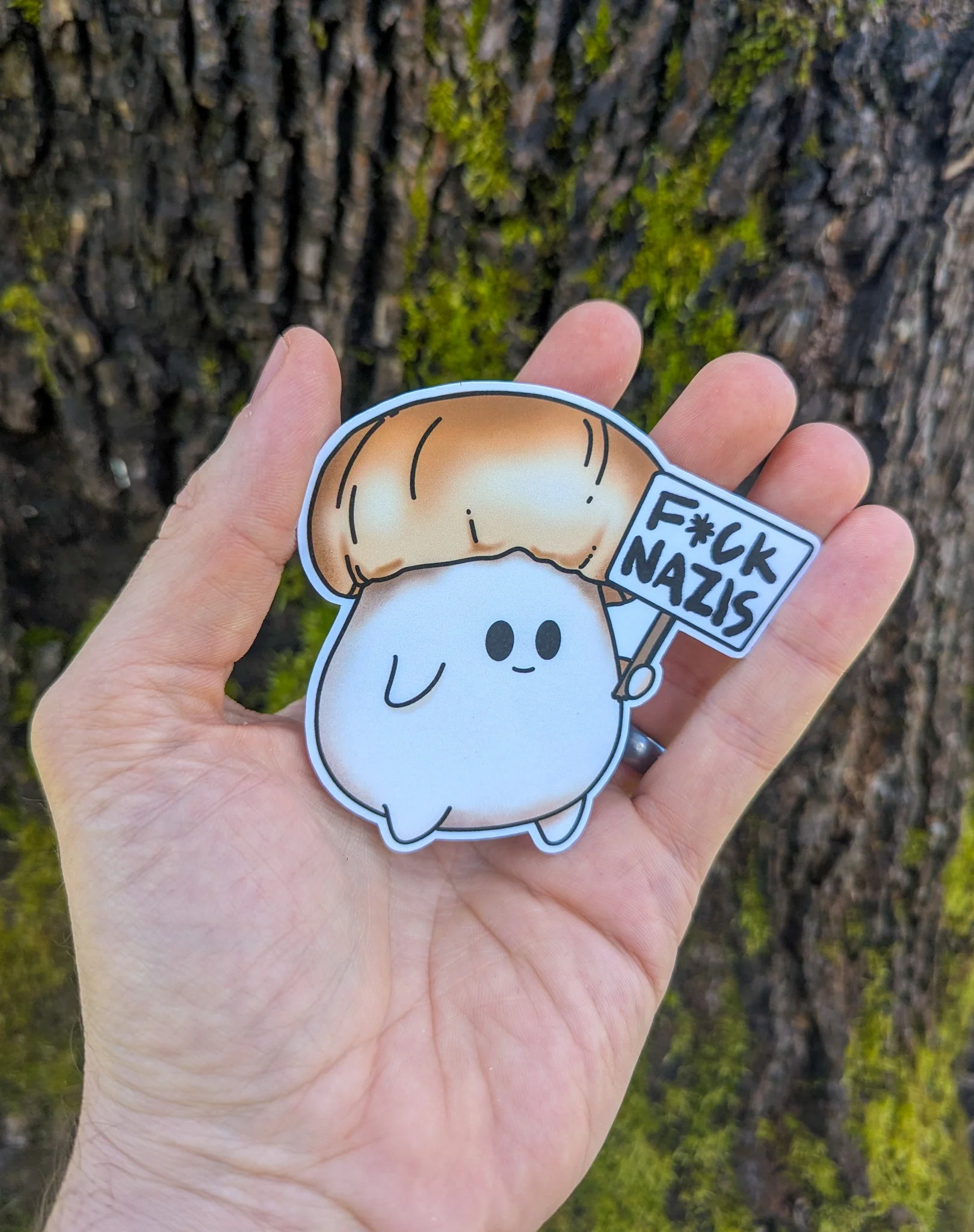"F*ck Nazis" Mushroom Sticker Trio (censored) | Chanterelle, Amanita and Porcini Mushrooms Holding Picket Signs - Image 7