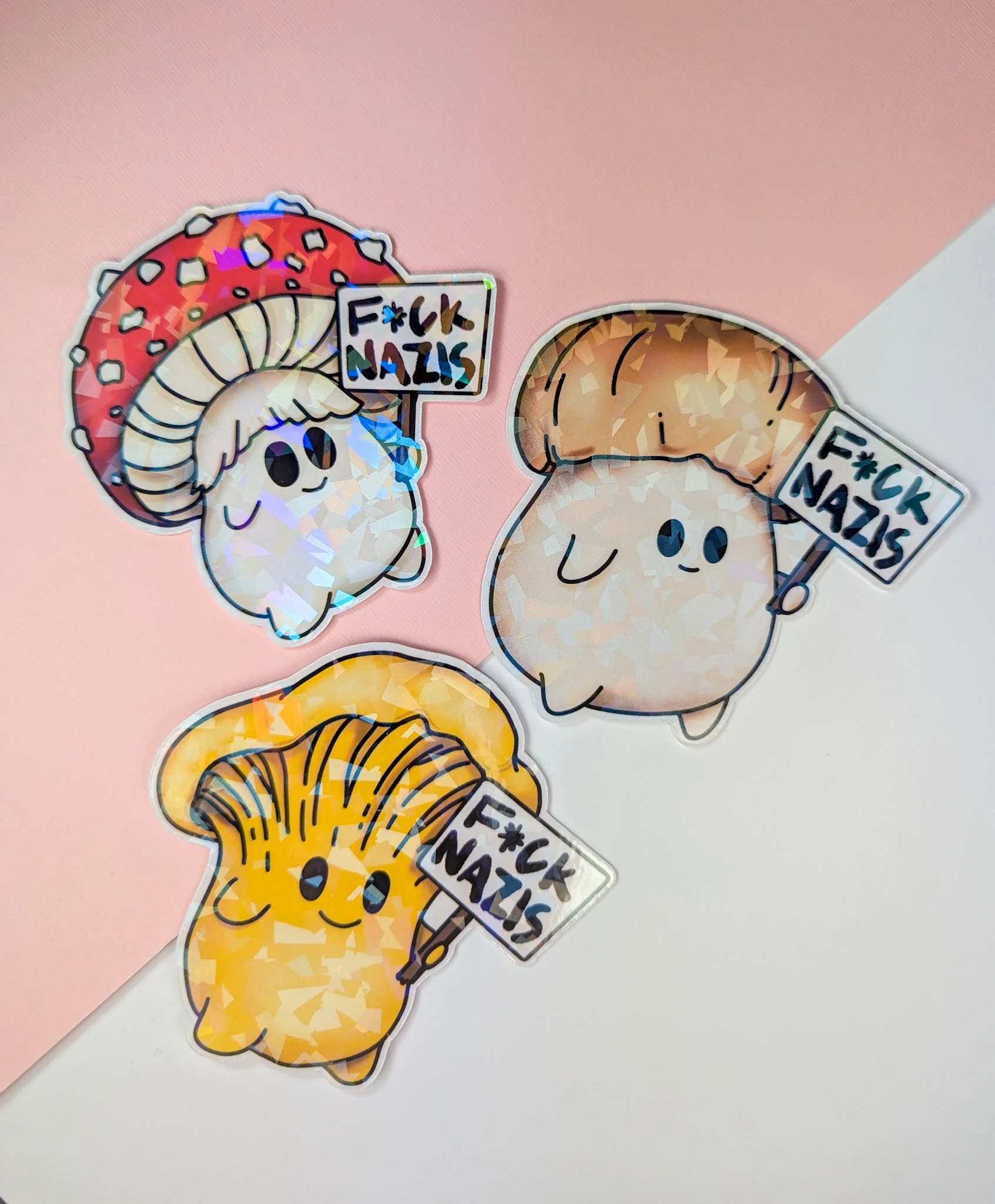"F*ck Nazis" Mushroom Sticker Trio (censored) | Chanterelle, Amanita and Porcini Mushrooms Holding Picket Signs - Image 8