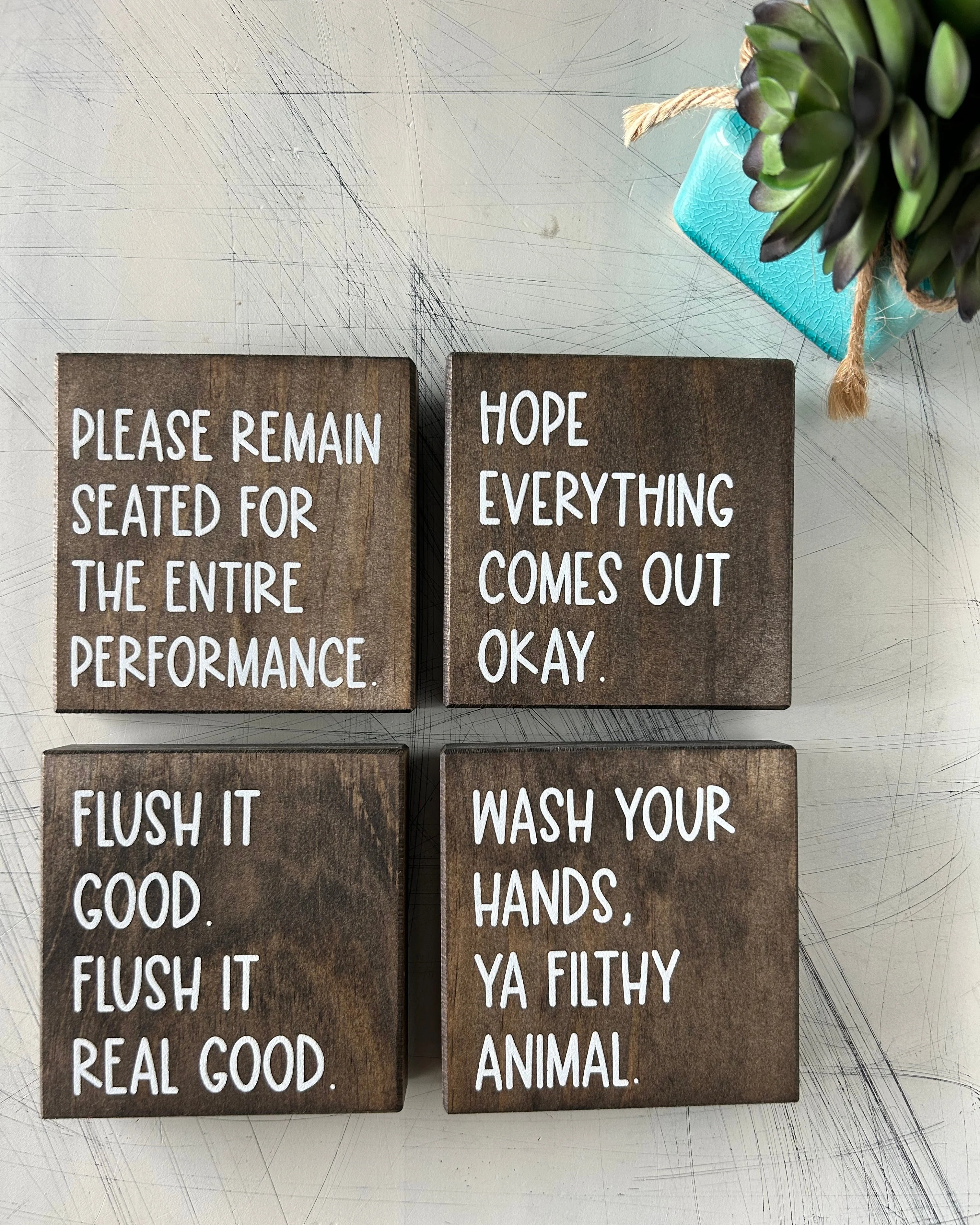 Funny Bathroom Sign Decor - Set of 4 Wood Signs - Image 2