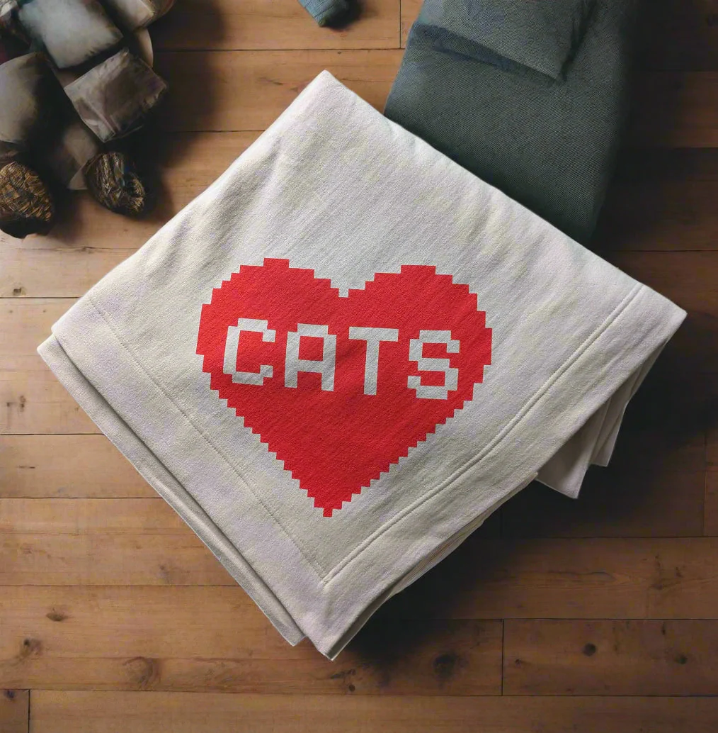 Geeky Cat Lover 8-Bit Gamer Heart Throw Blanket - Image 2
