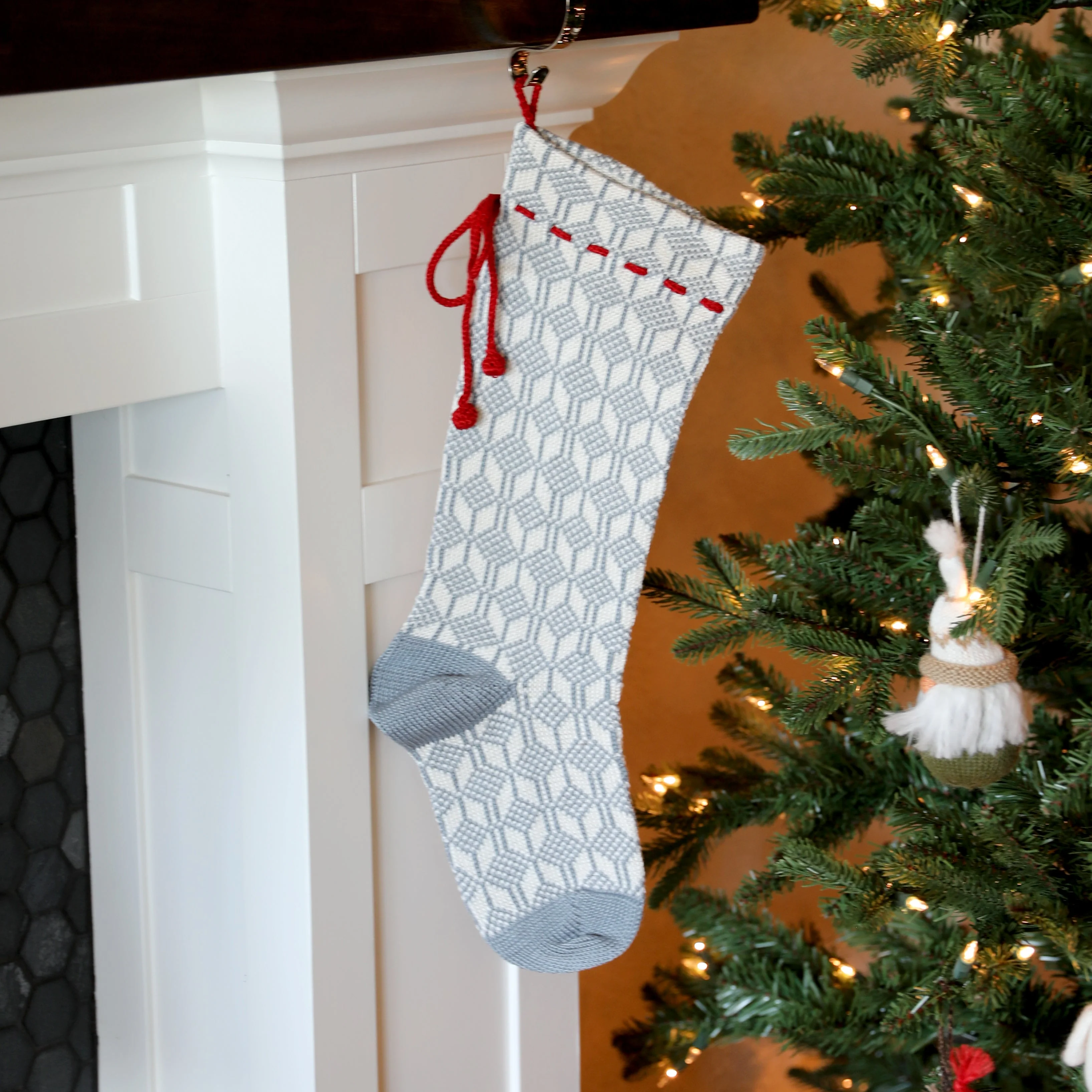 Grey Patterned Stocking with Red Bow - Image 2