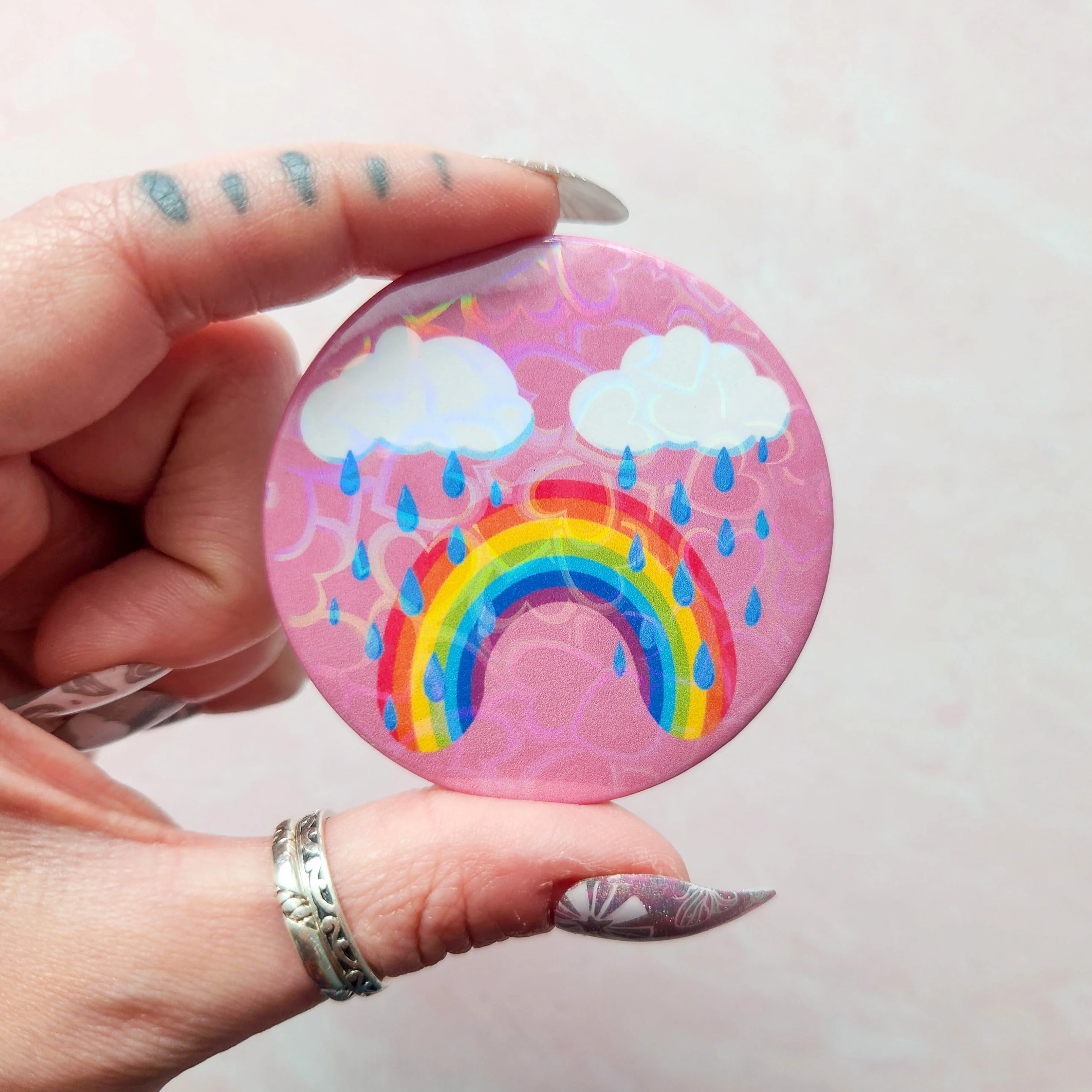 Holographic Rainbow Frowny Face Pinback Button - Image 3