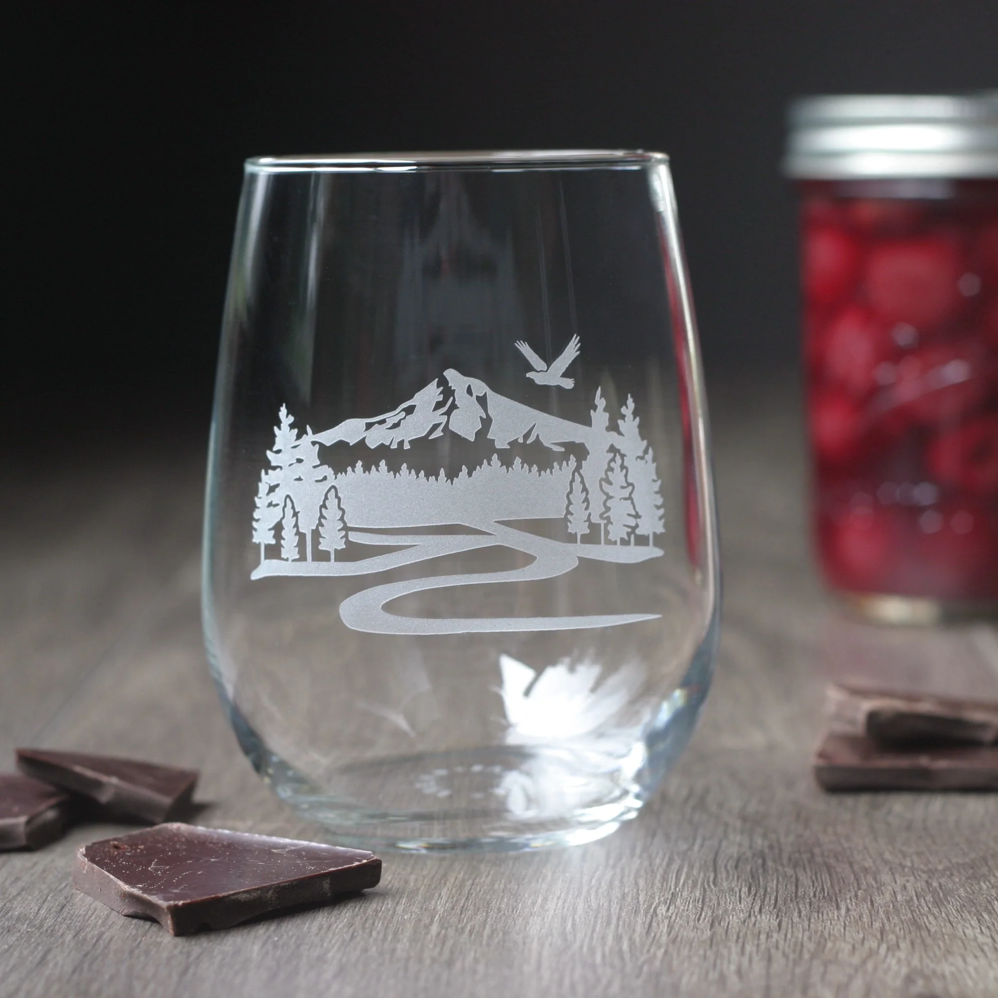 Mountain Trail Stemless Wine Glass - etched glassware - Image 5
