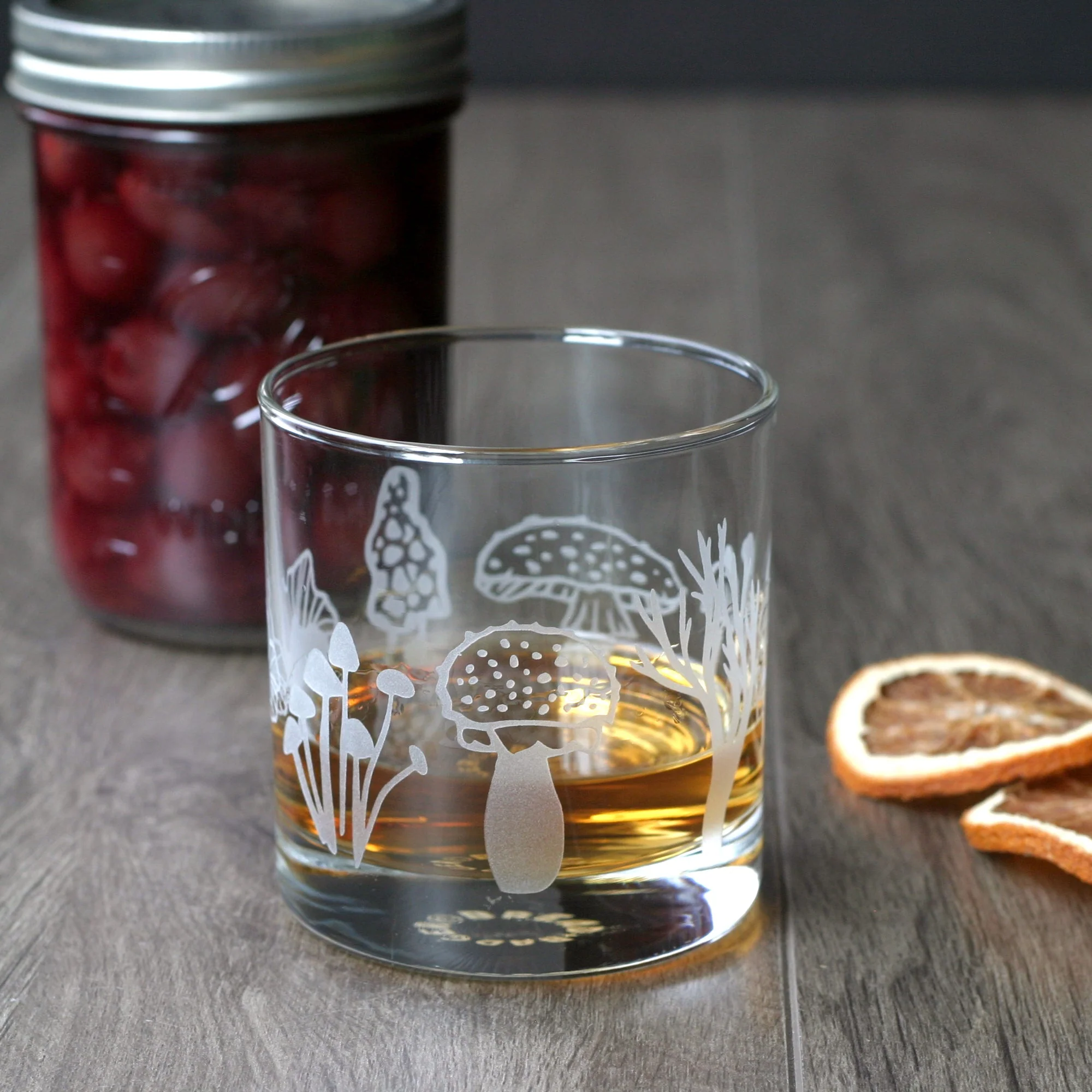 Mushroom Collection Lowball Glass - etched cocktail glassware - Image 2