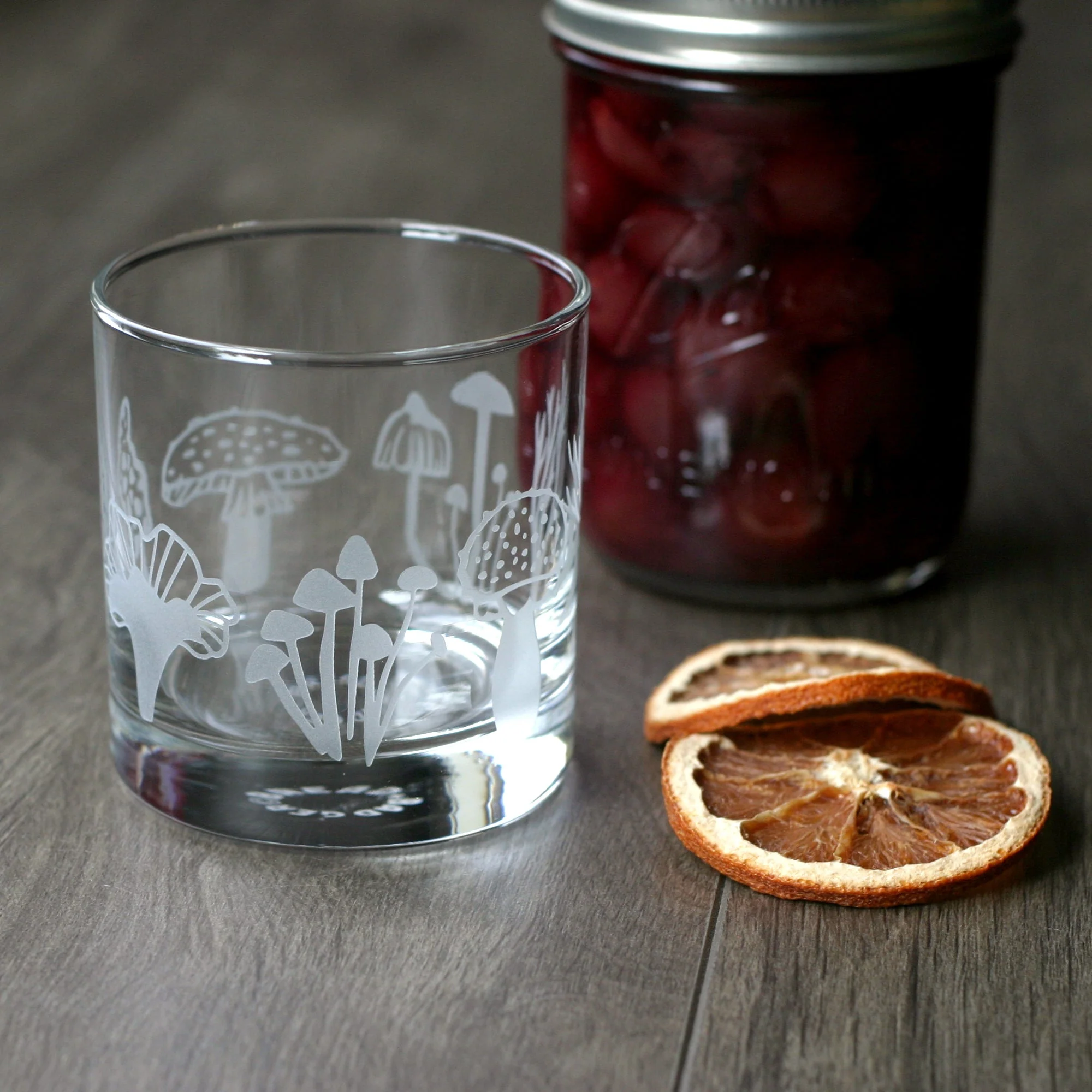 Mushroom Collection Lowball Glass - etched cocktail glassware - Image 3