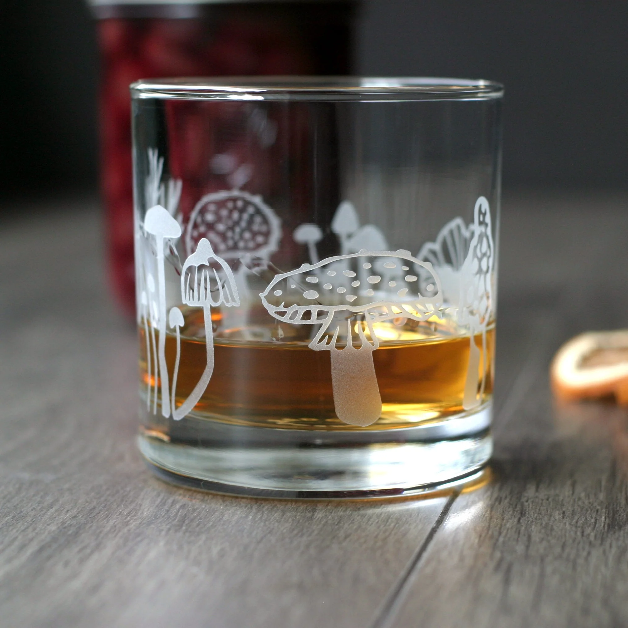 Mushroom Collection Lowball Glass - etched cocktail glassware - Image 4