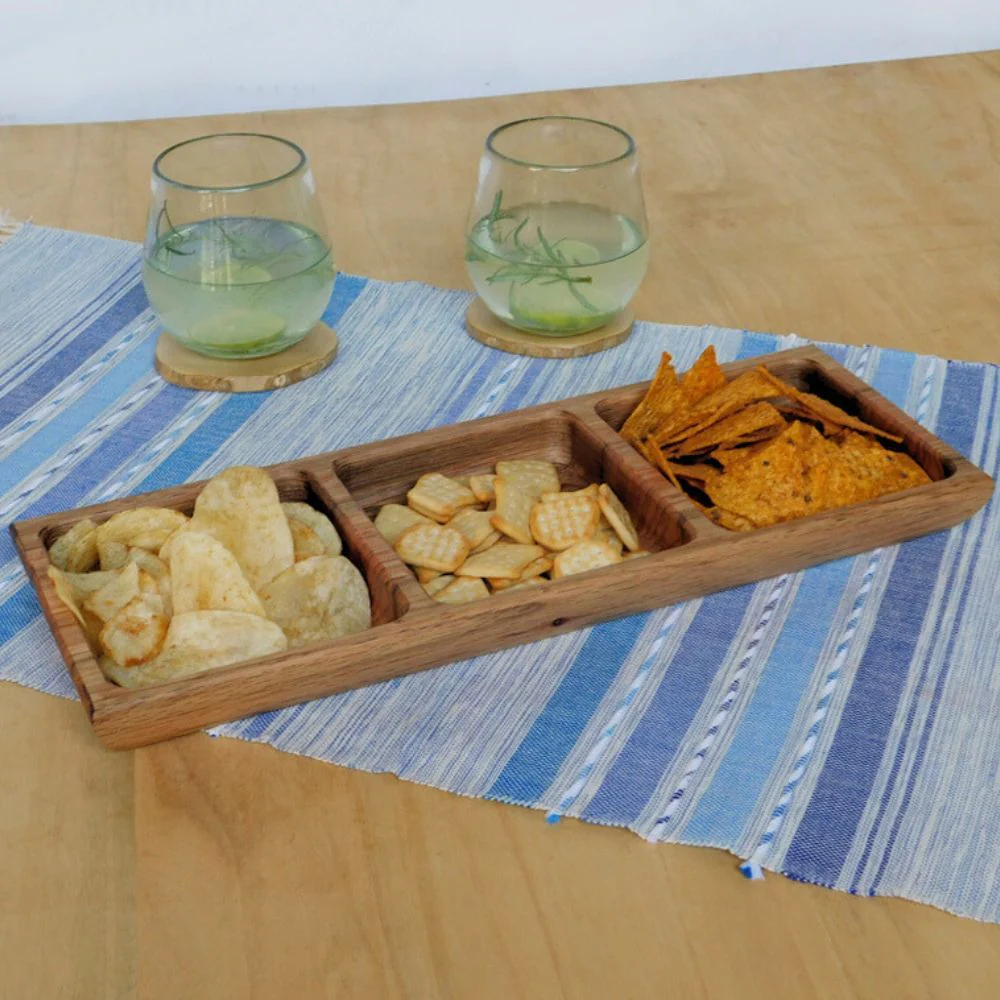 Oak Wood Triple Snack Serving Tray - Image 2