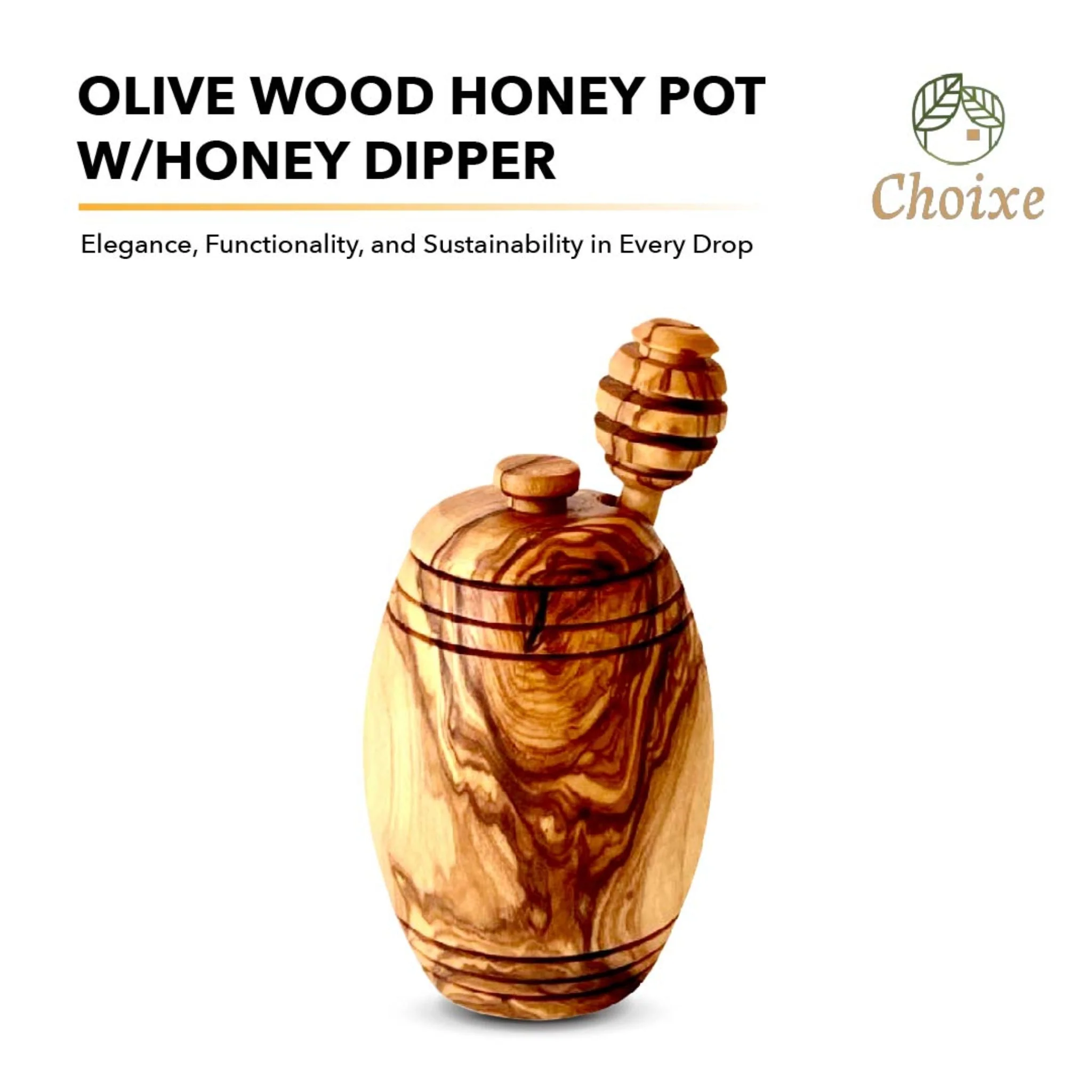 Olive Wood Honey Pot w/Honey Dipper - Image 3