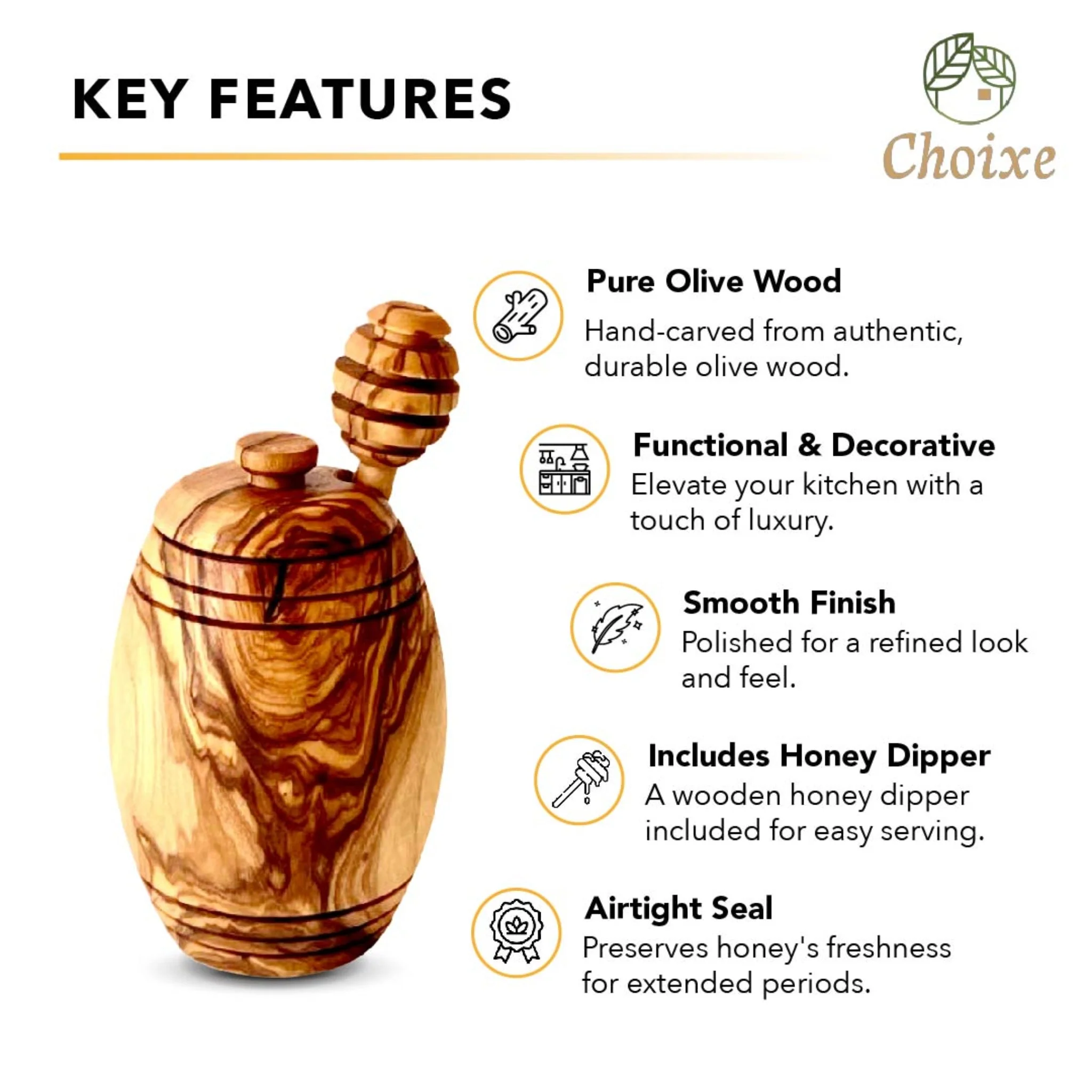Olive Wood Honey Pot w/Honey Dipper - Image 4
