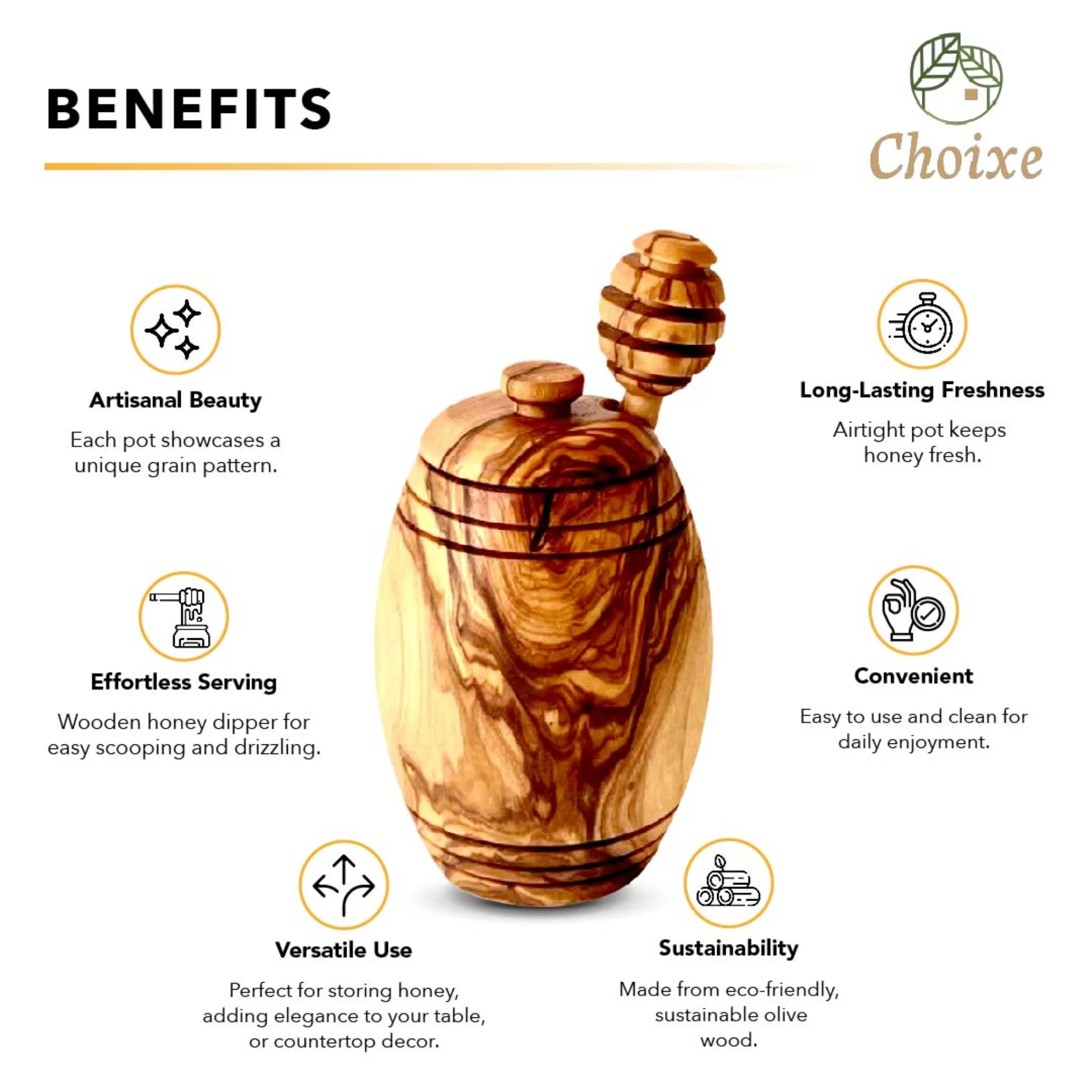 Olive Wood Honey Pot w/Honey Dipper - Image 5