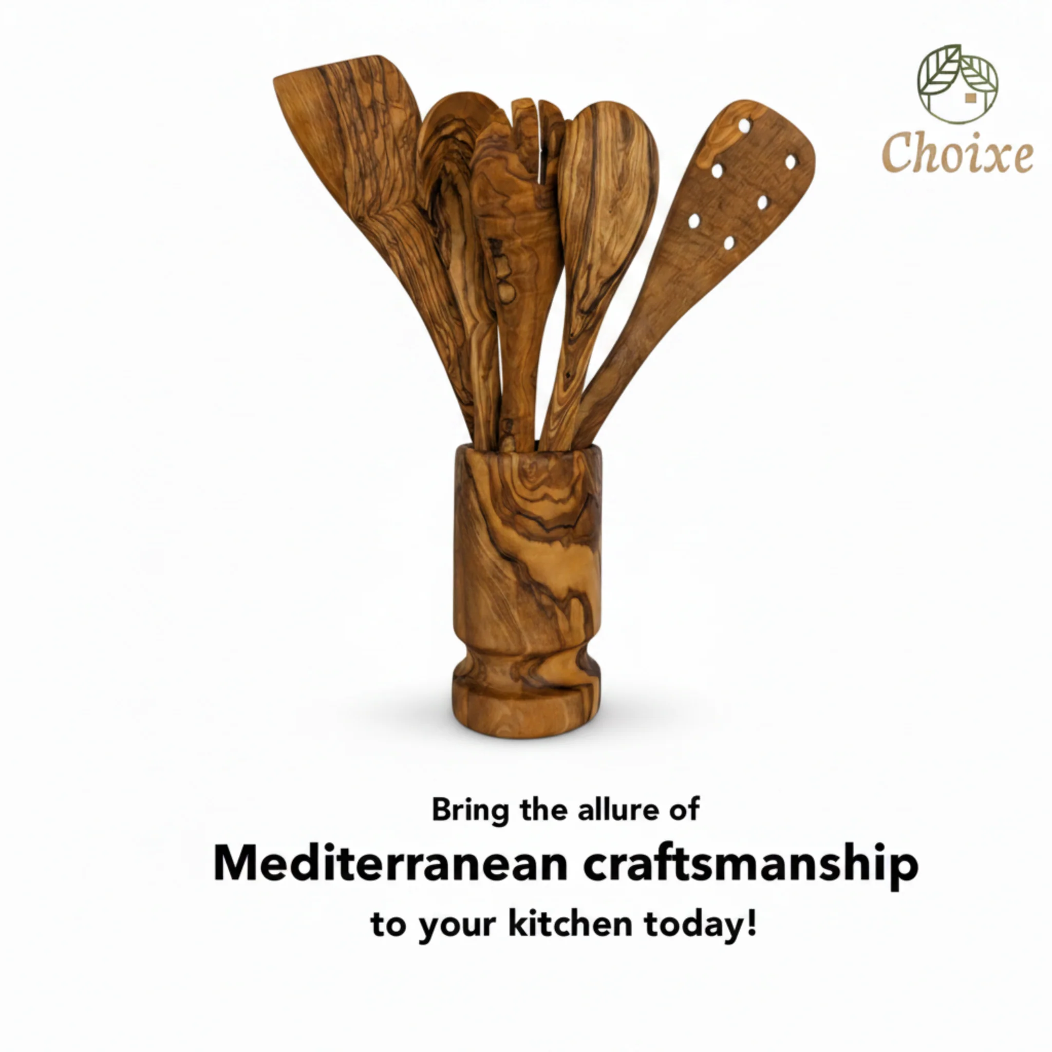 Olive Wood Kitchen Servers Set w/Holder -6 Pcs - Image 6