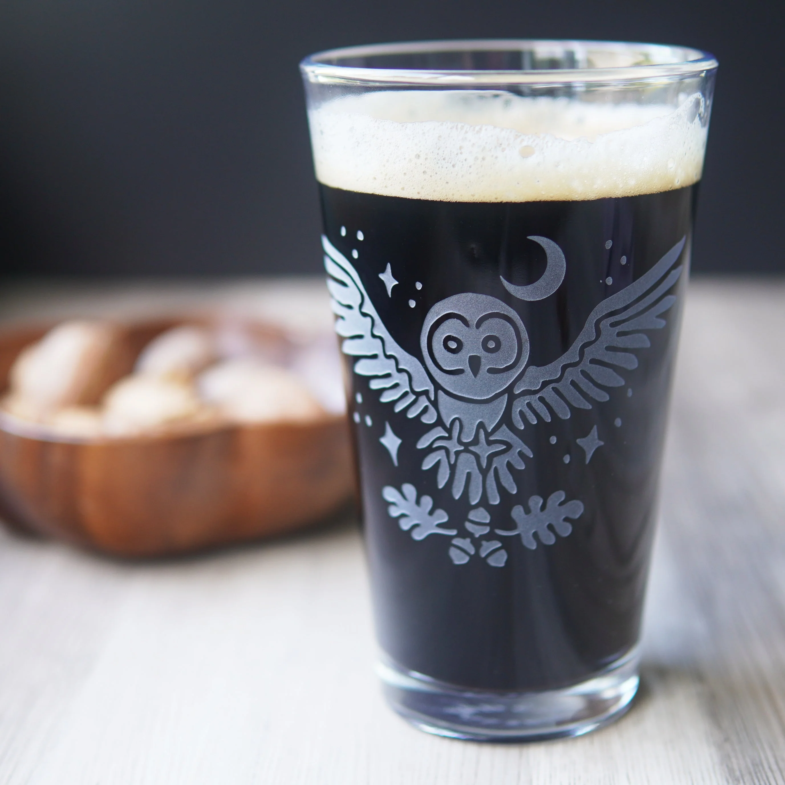 Owl + Oak Pint Glass - etched glassware - Image 2