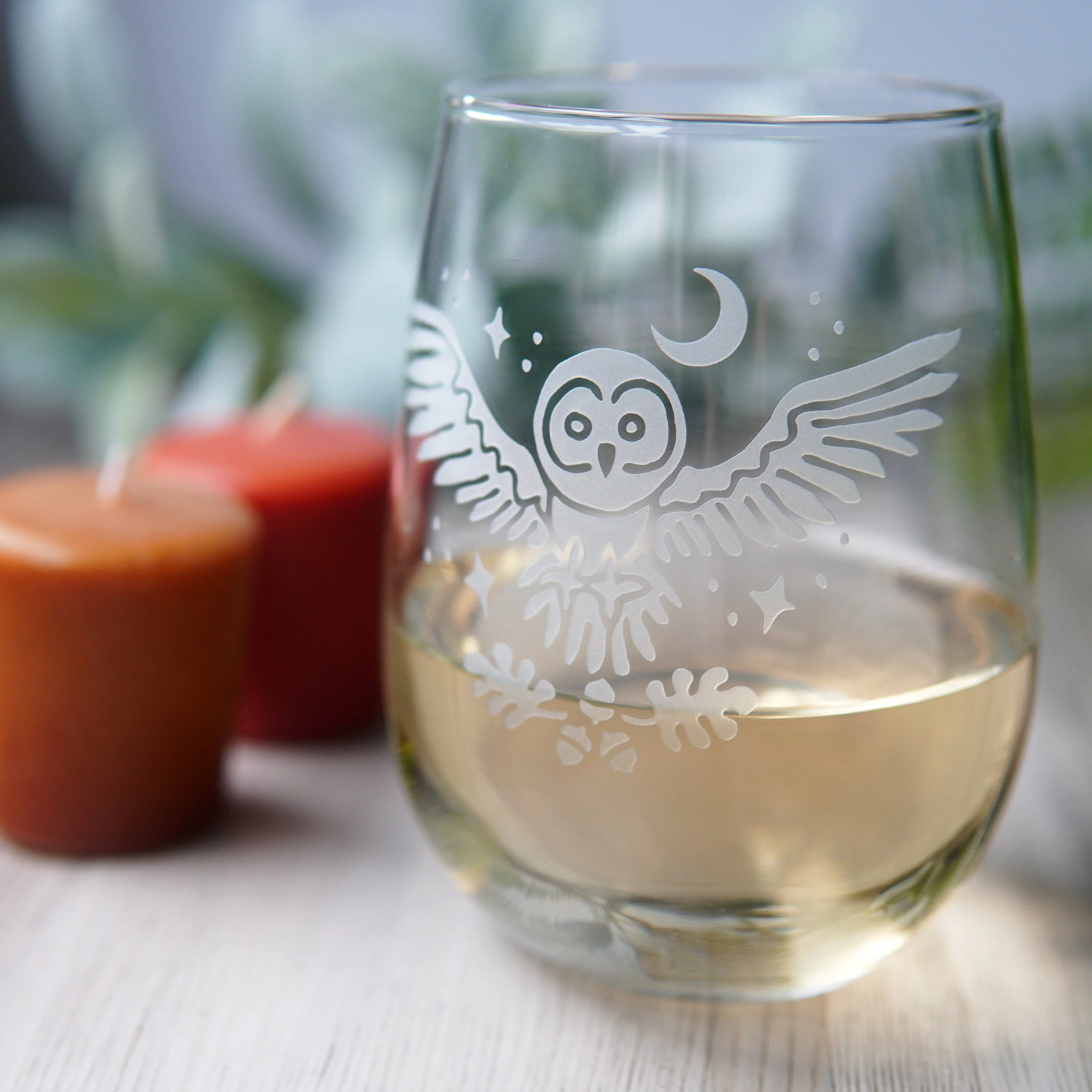 Owl + Oak Stemless Wine Glass - etched glassware - Image 2