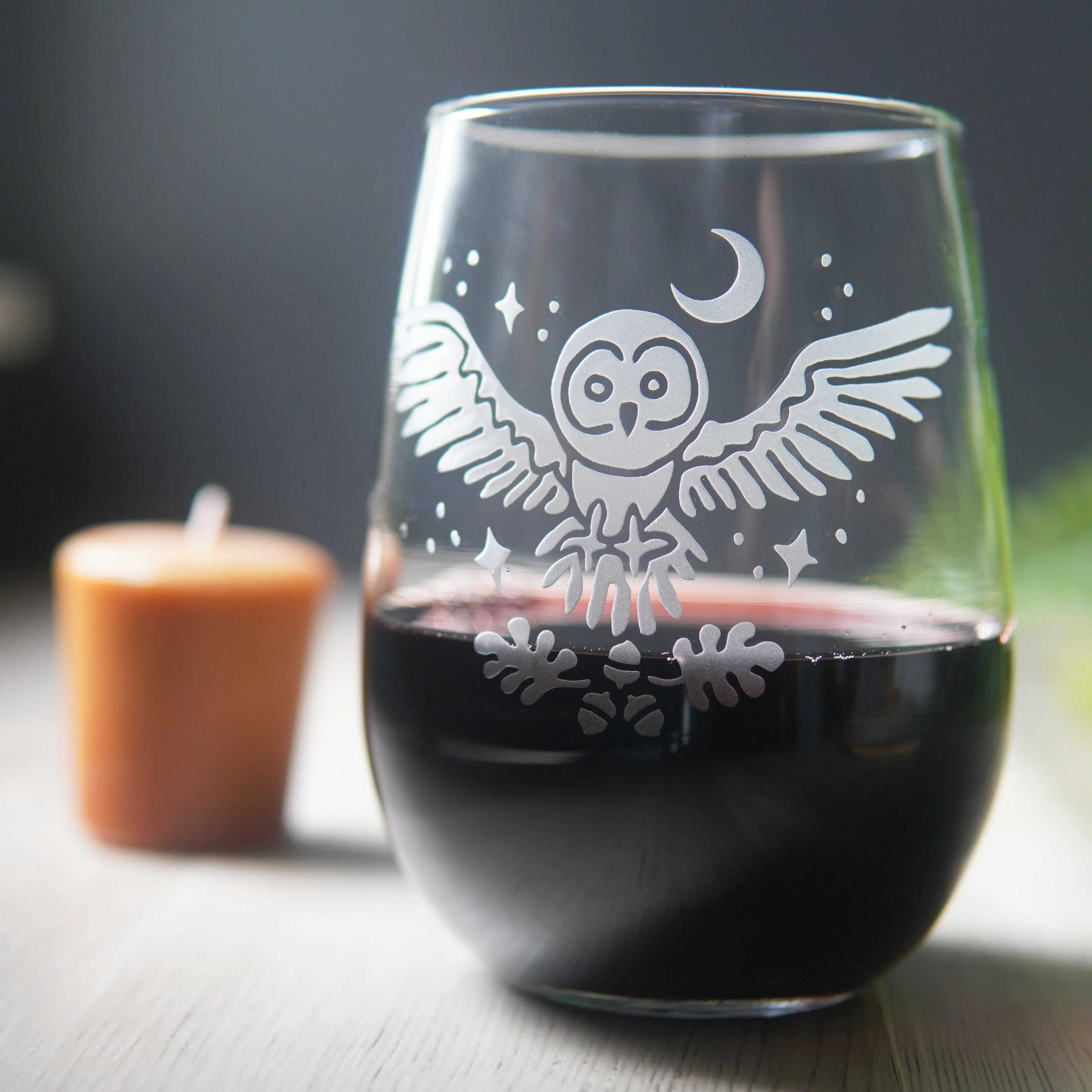Owl + Oak Stemless Wine Glass - etched glassware - Image 5