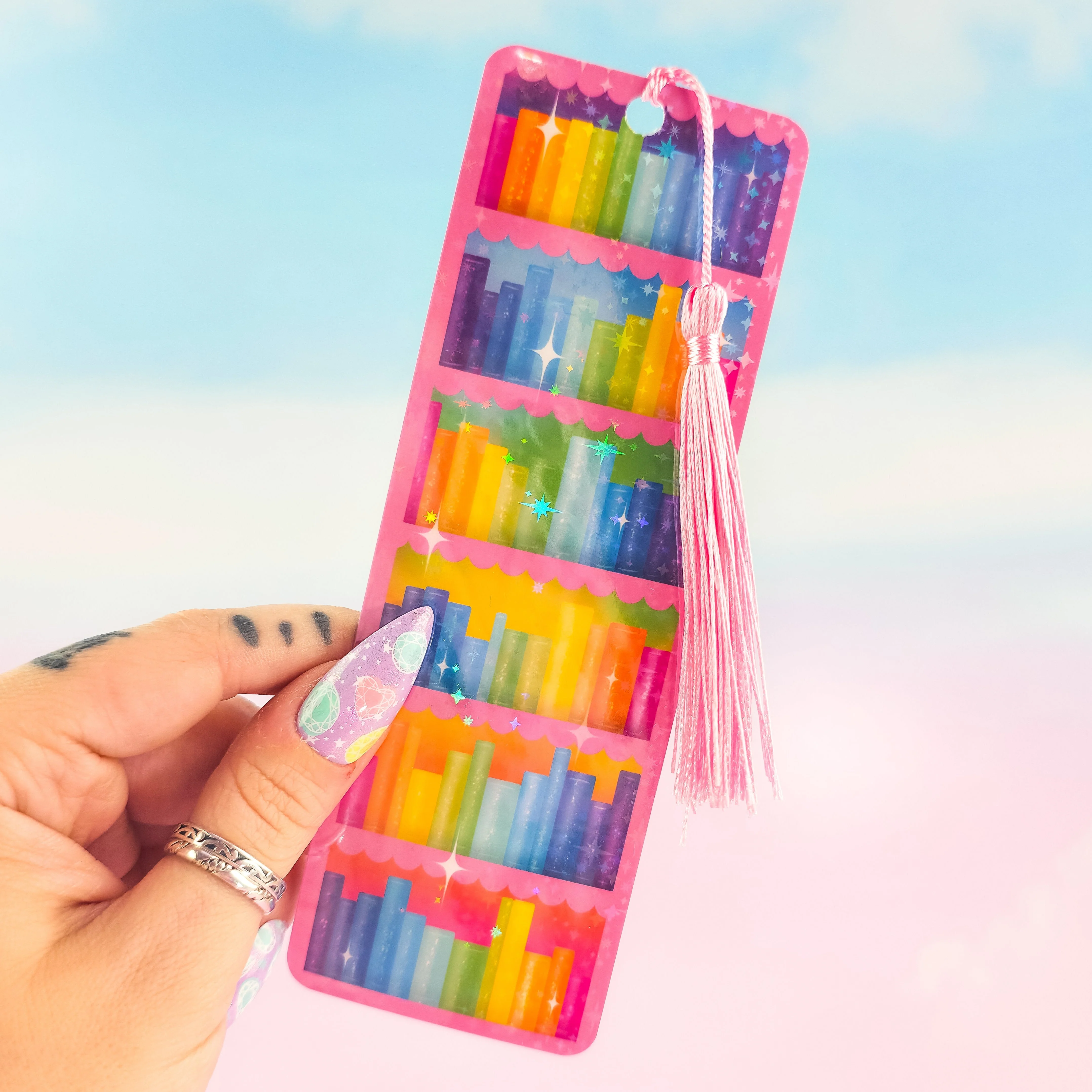 Pink Bookcase Holographic Bookmark – Rainbow Bookshelf Design, Book Lover Gift - Image 2