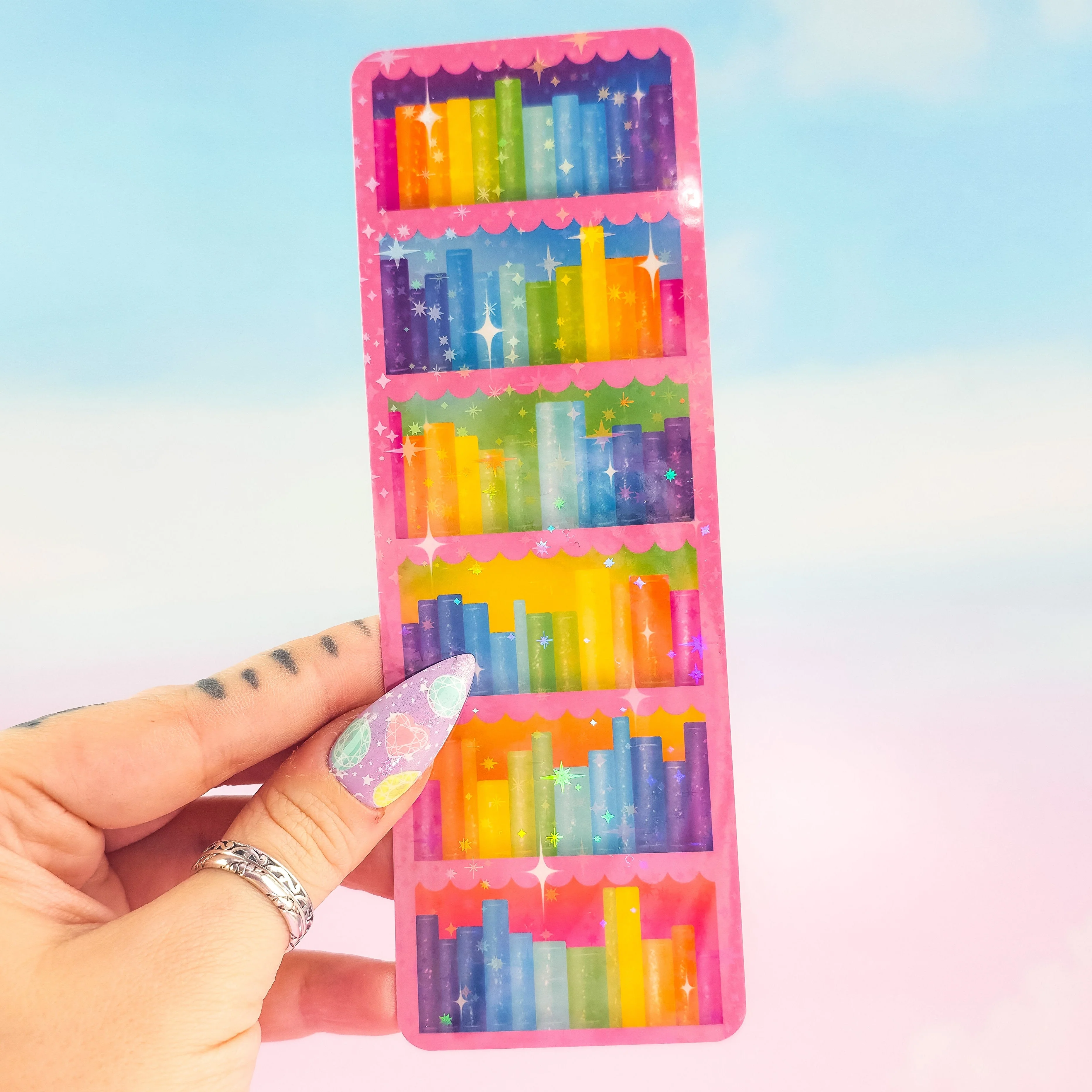 Pink Bookcase Holographic Bookmark – Rainbow Bookshelf Design, Book Lover Gift - Image 3