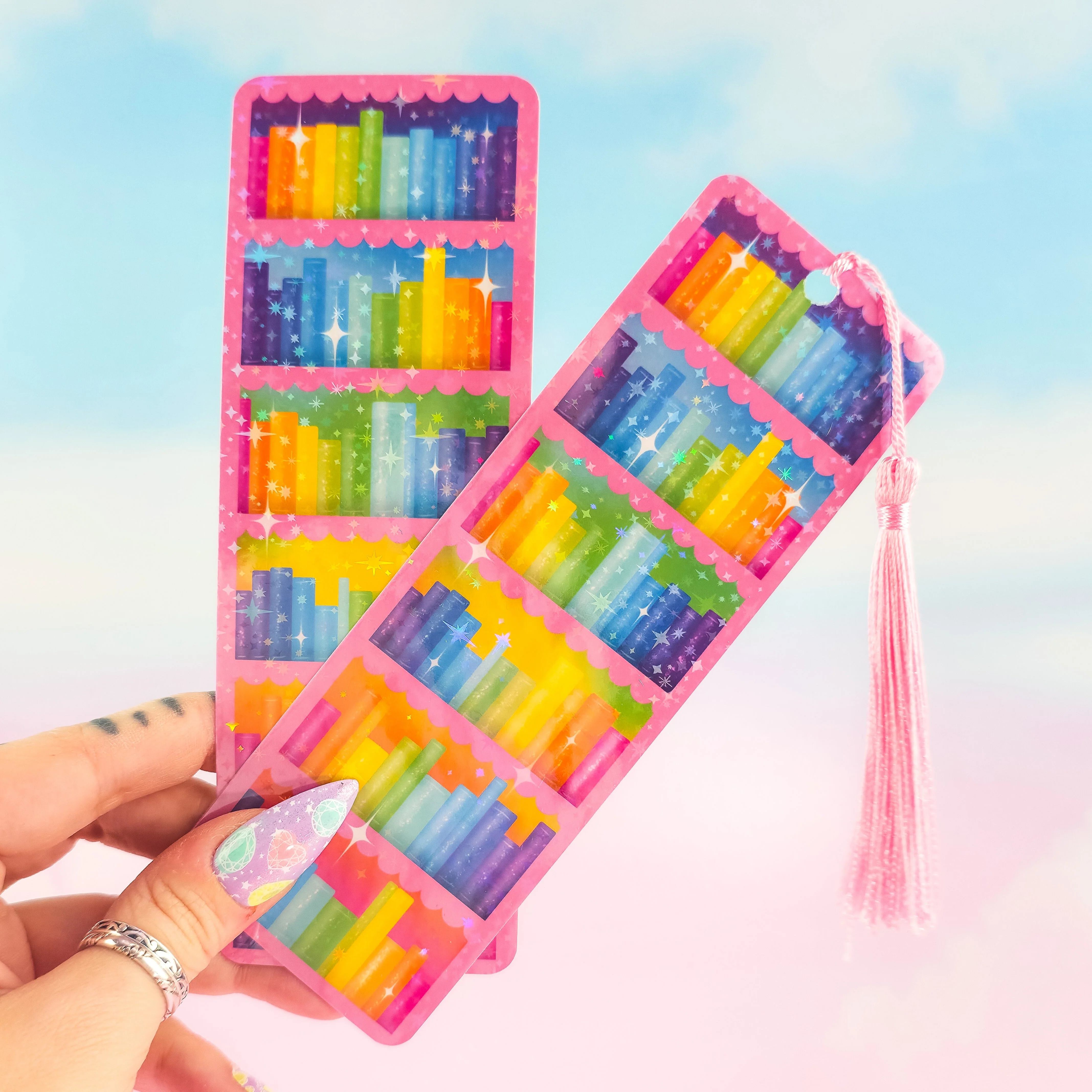 Pink Bookcase Holographic Bookmark – Rainbow Bookshelf Design, Book Lover Gift - Image 4