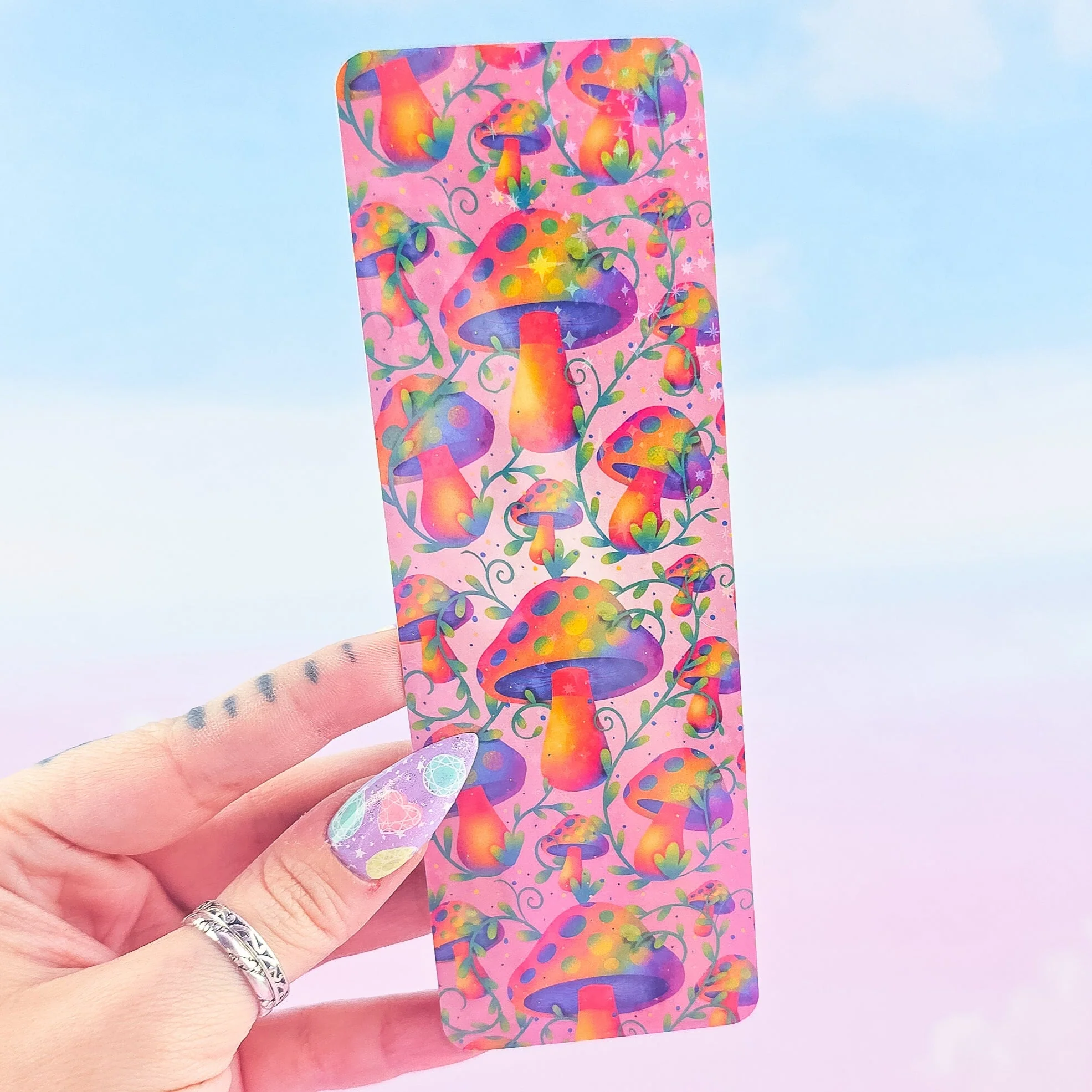 Pink Mushroom Bookmark – Holographic Handmade Bookmark with Tassel Option - Image 3