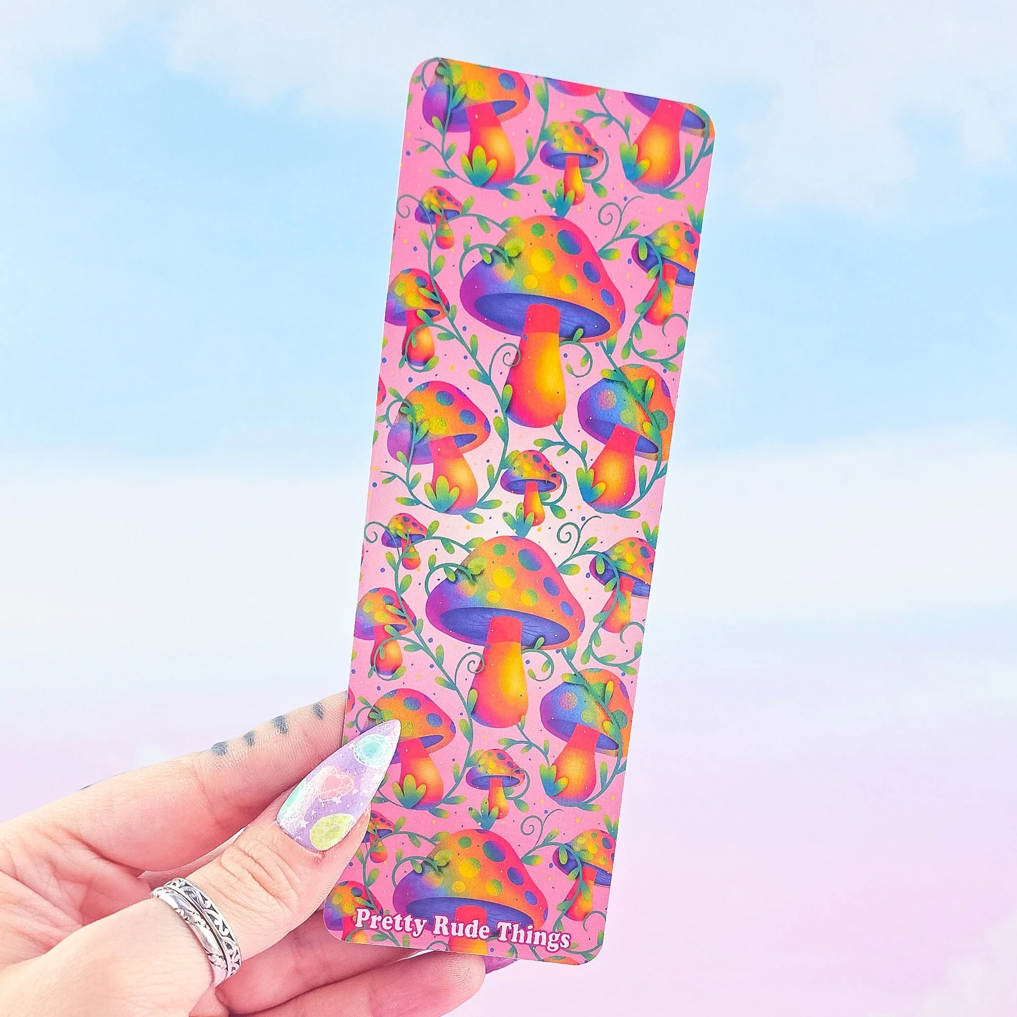 Pink Mushroom Bookmark – Holographic Handmade Bookmark with Tassel Option - Image 4