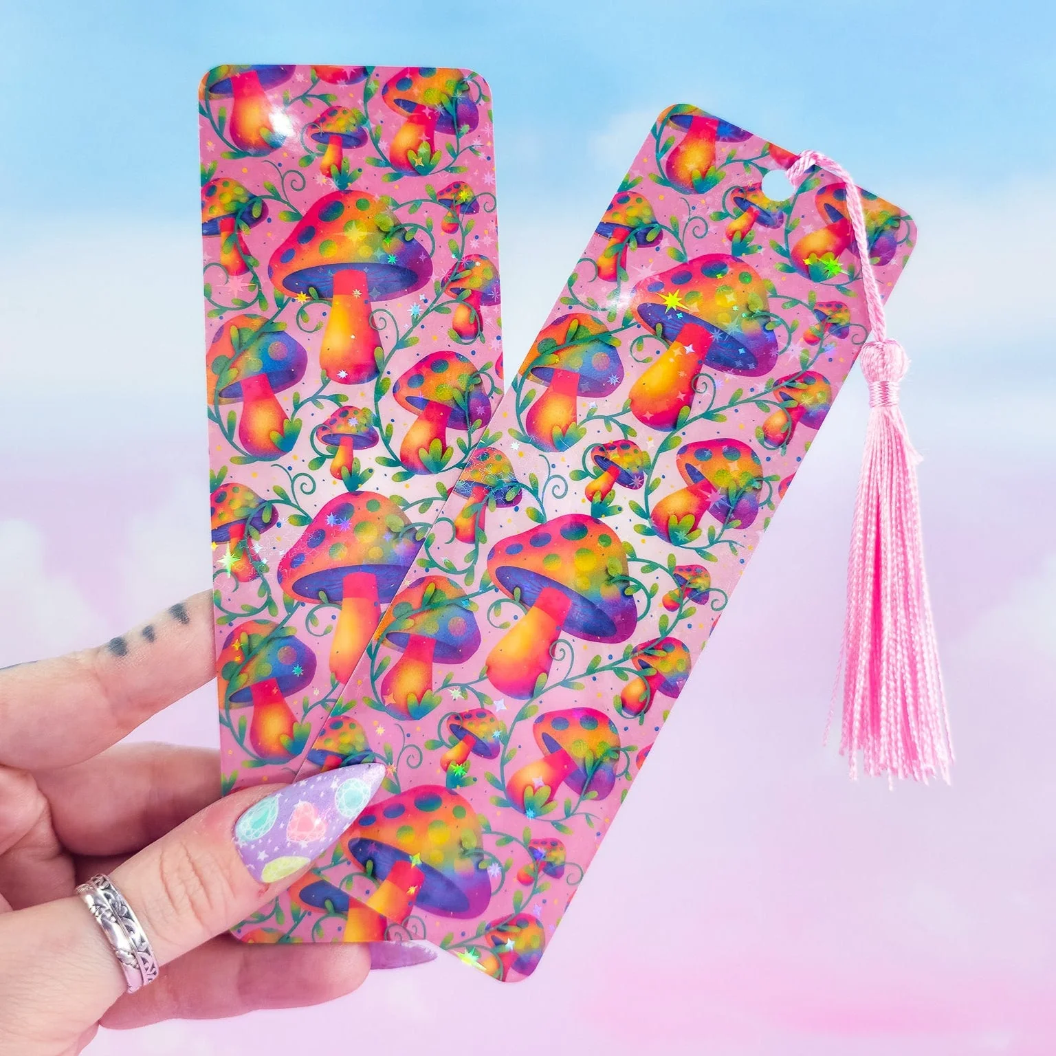 Pink Mushroom Bookmark – Holographic Handmade Bookmark with Tassel Option - Image 6