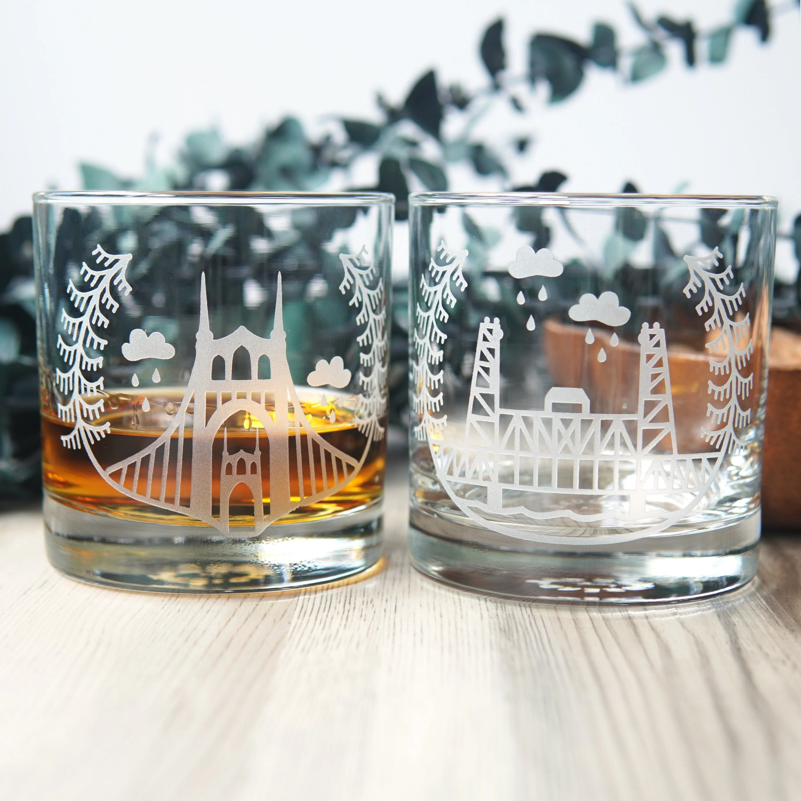 Portland Bridges Lowball Glass - etched cocktail glassware - Image 2