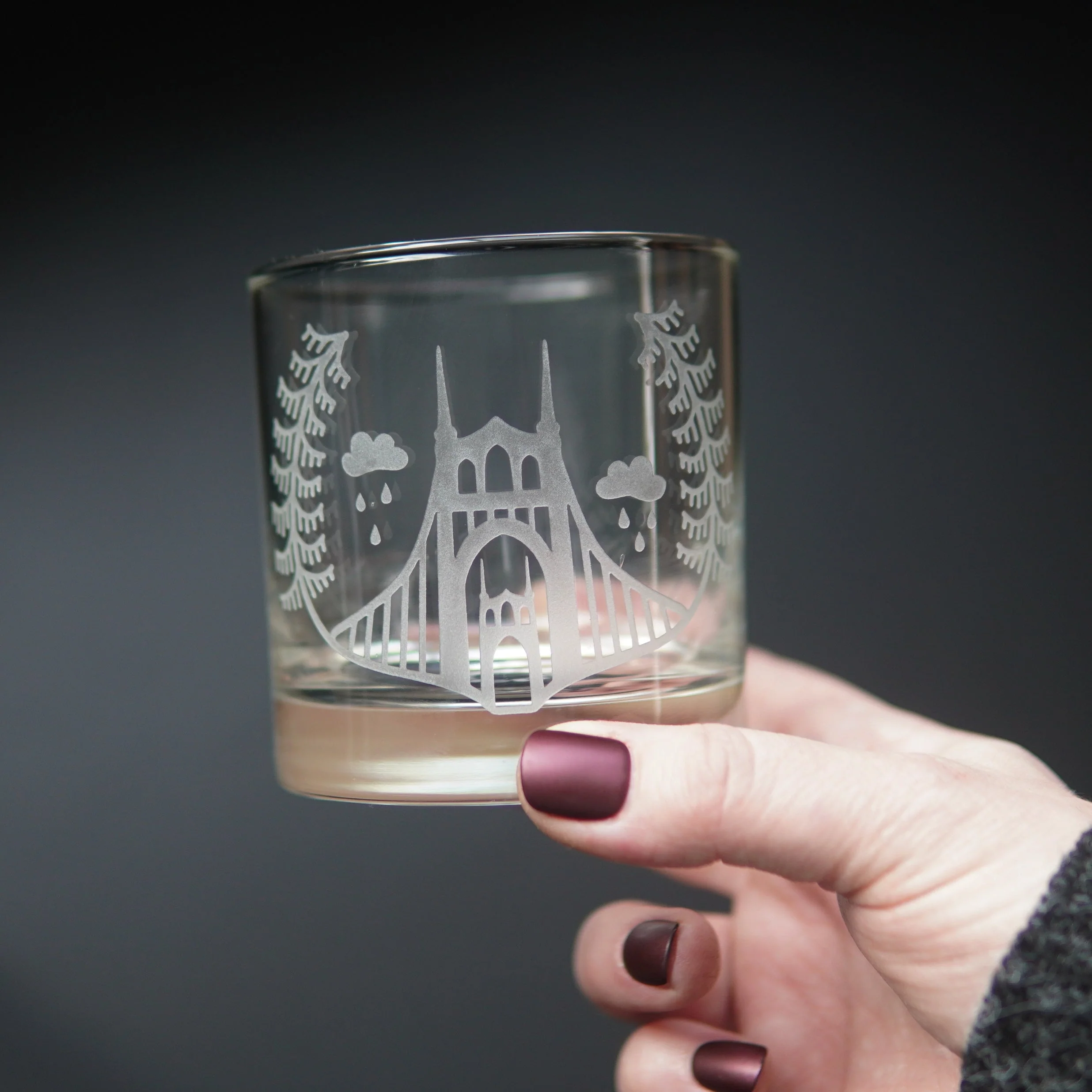 Portland Bridges Lowball Glass - etched cocktail glassware - Image 3