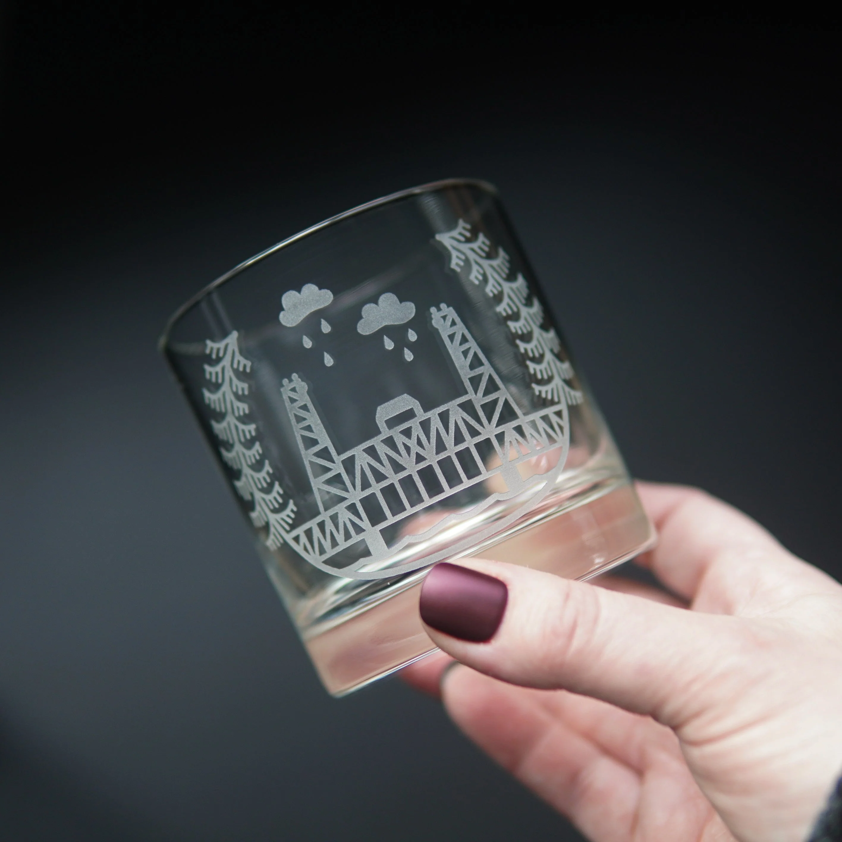 Portland Bridges Lowball Glass - etched cocktail glassware - Image 4