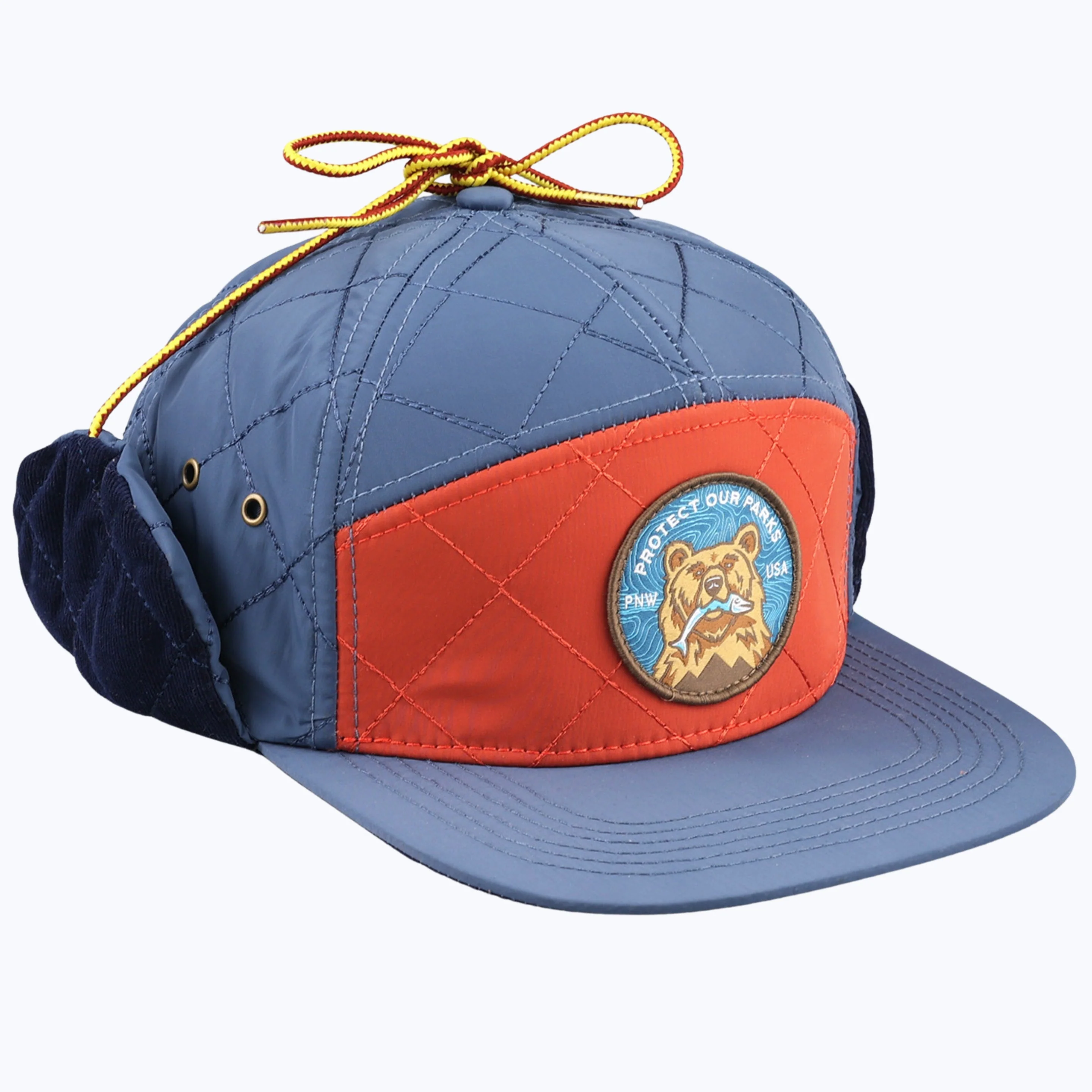 Protect Our Parks Bear 7 Panel Quilted Trapper Outdoor Cap - Navy/Orange - Image 2