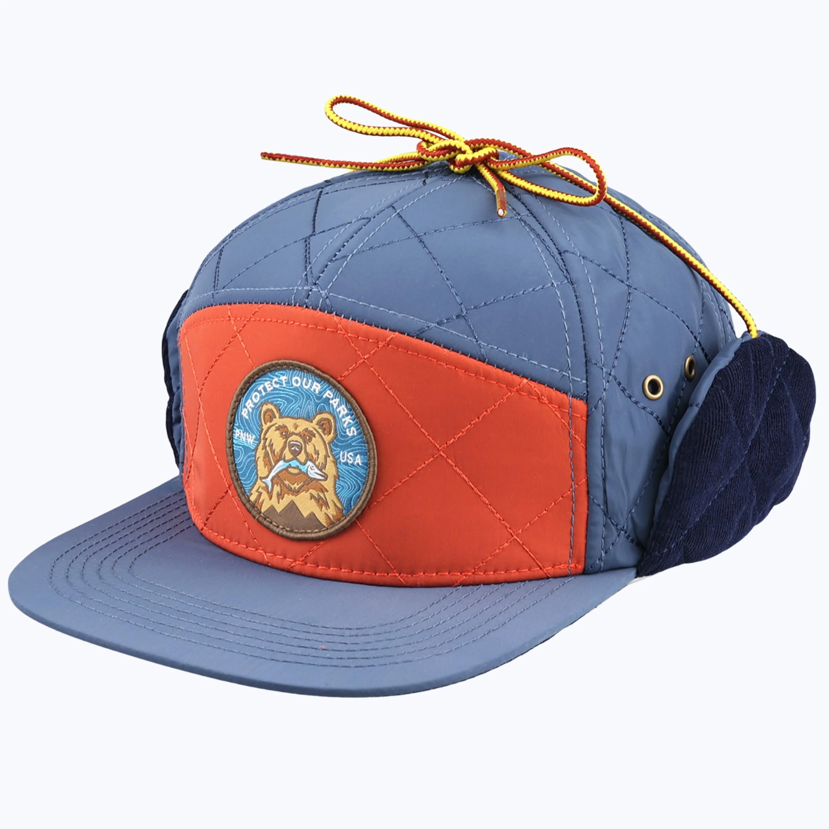 Protect Our Parks Bear 7 Panel Quilted Trapper Outdoor Cap - Navy/Orange - Image 7