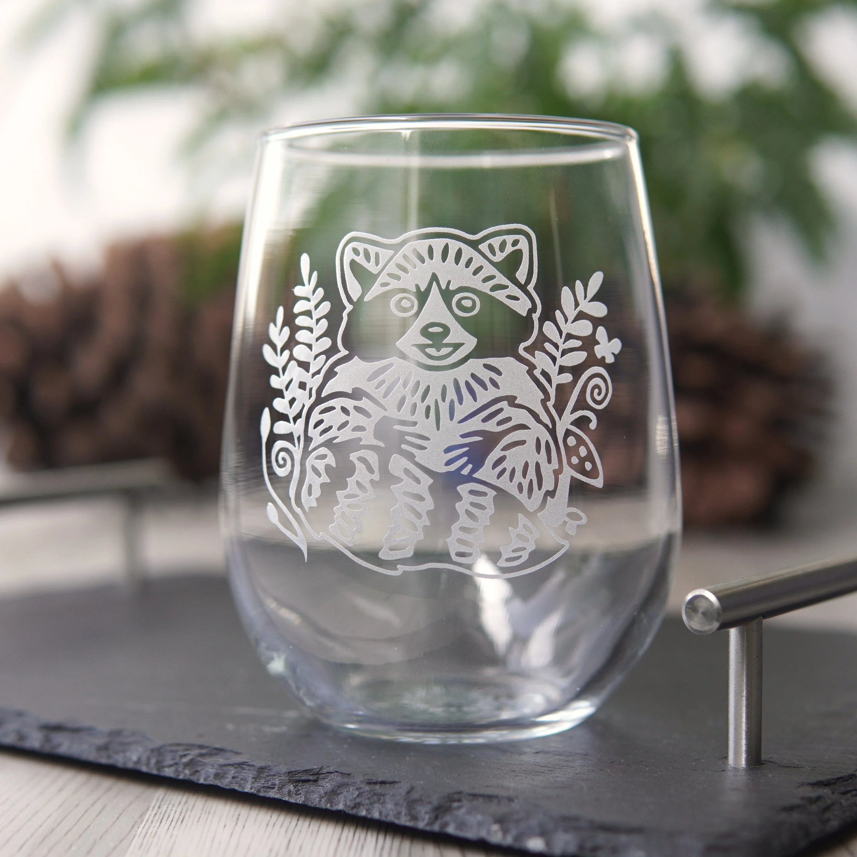 Raccoon Stemless Wine Glass - etched glassware - Image 2
