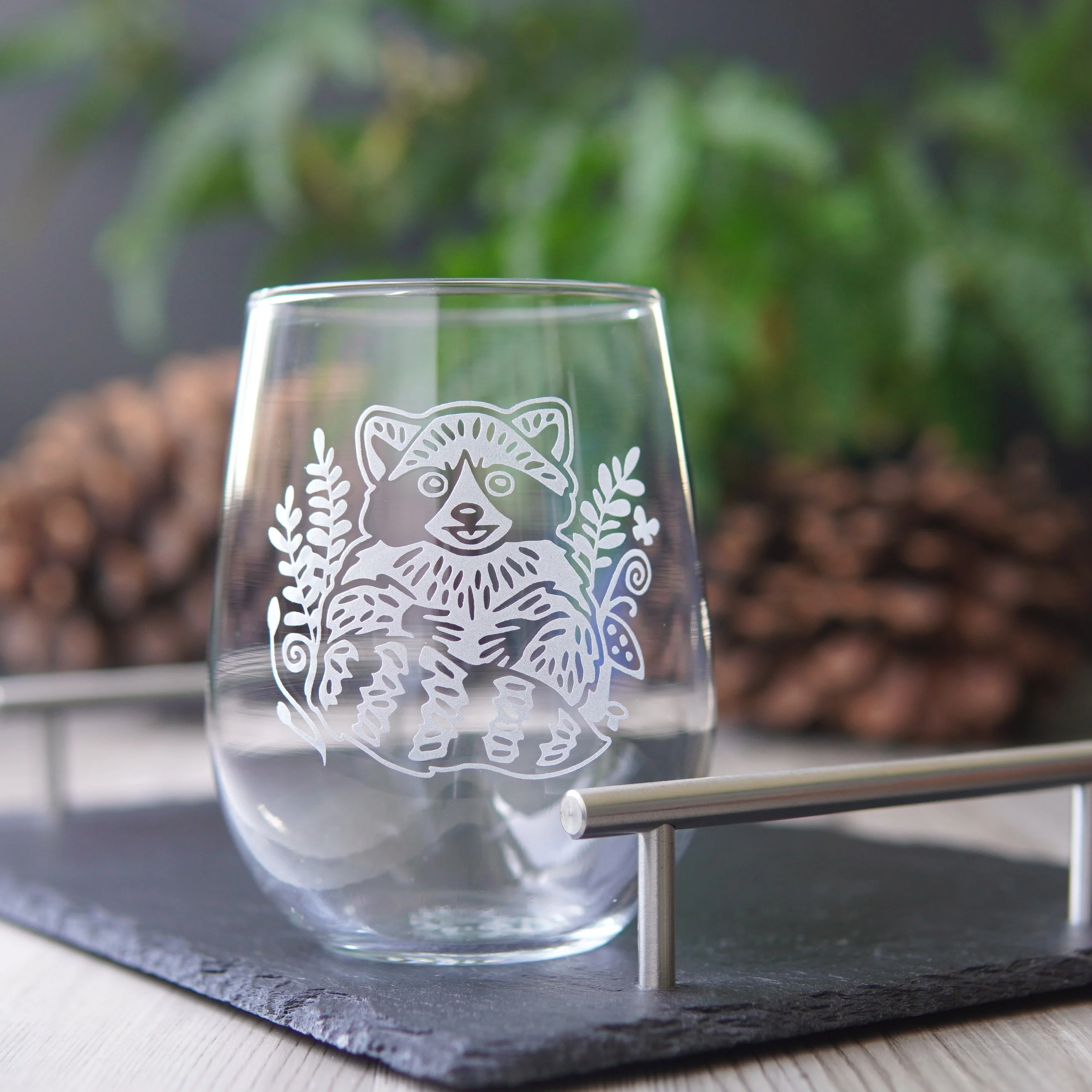 Raccoon Stemless Wine Glass - etched glassware - Image 5